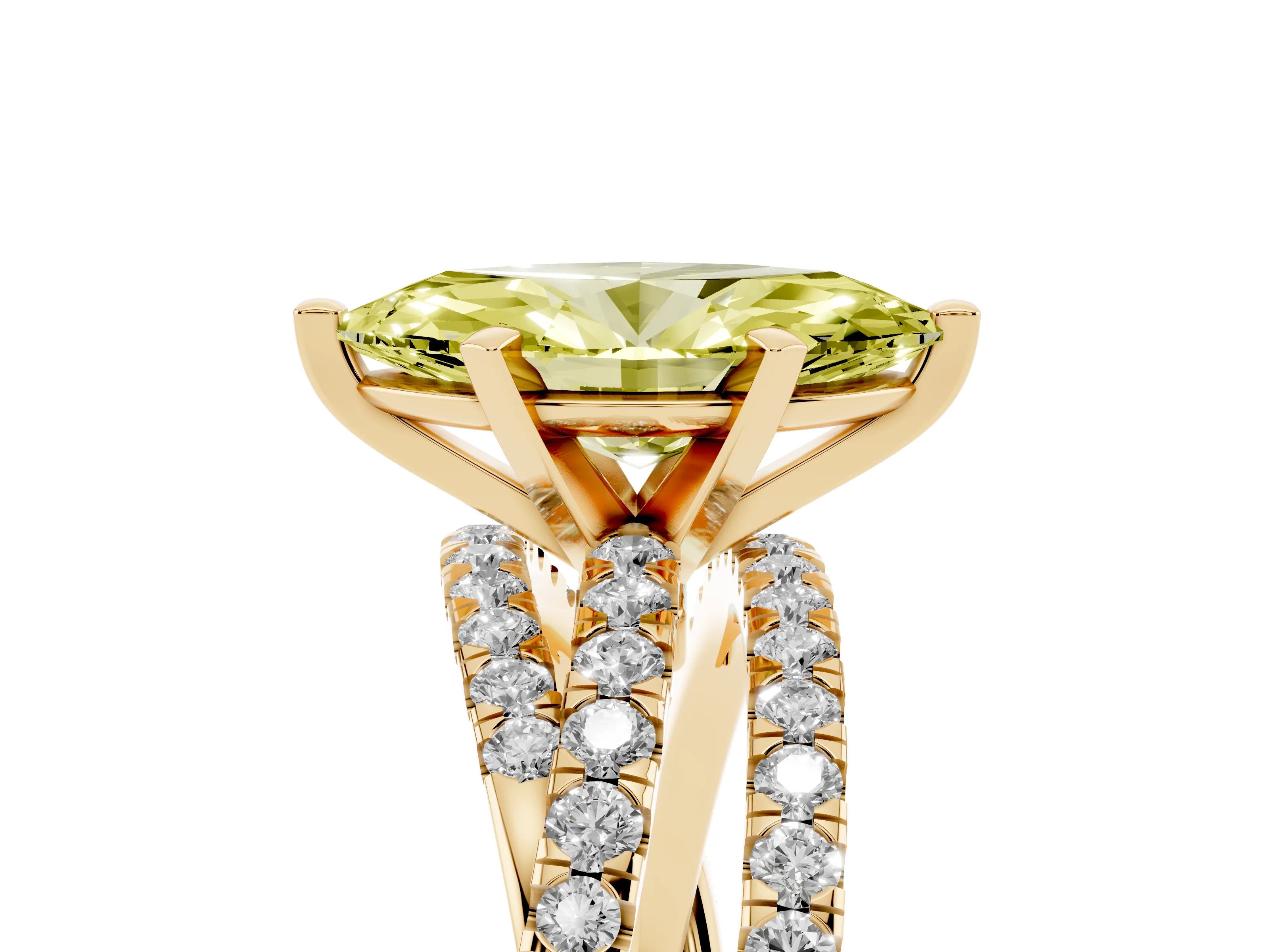 Fancy Yellow Marquise Cut Diamond Solitaire Twist Band Ring Set in Yellow gold with Pavé Setting and Prong Head