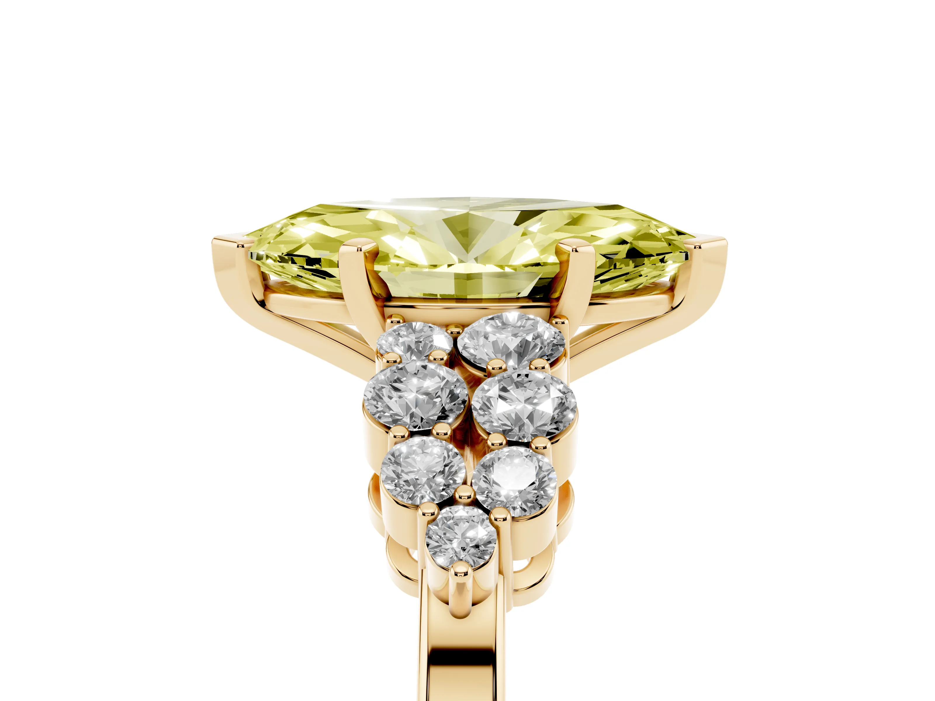 Fancy Yellow Marquise Cut Diamond Cluster Engagement Ring Set in Yellow gold with Pavé Band and Prong Setting