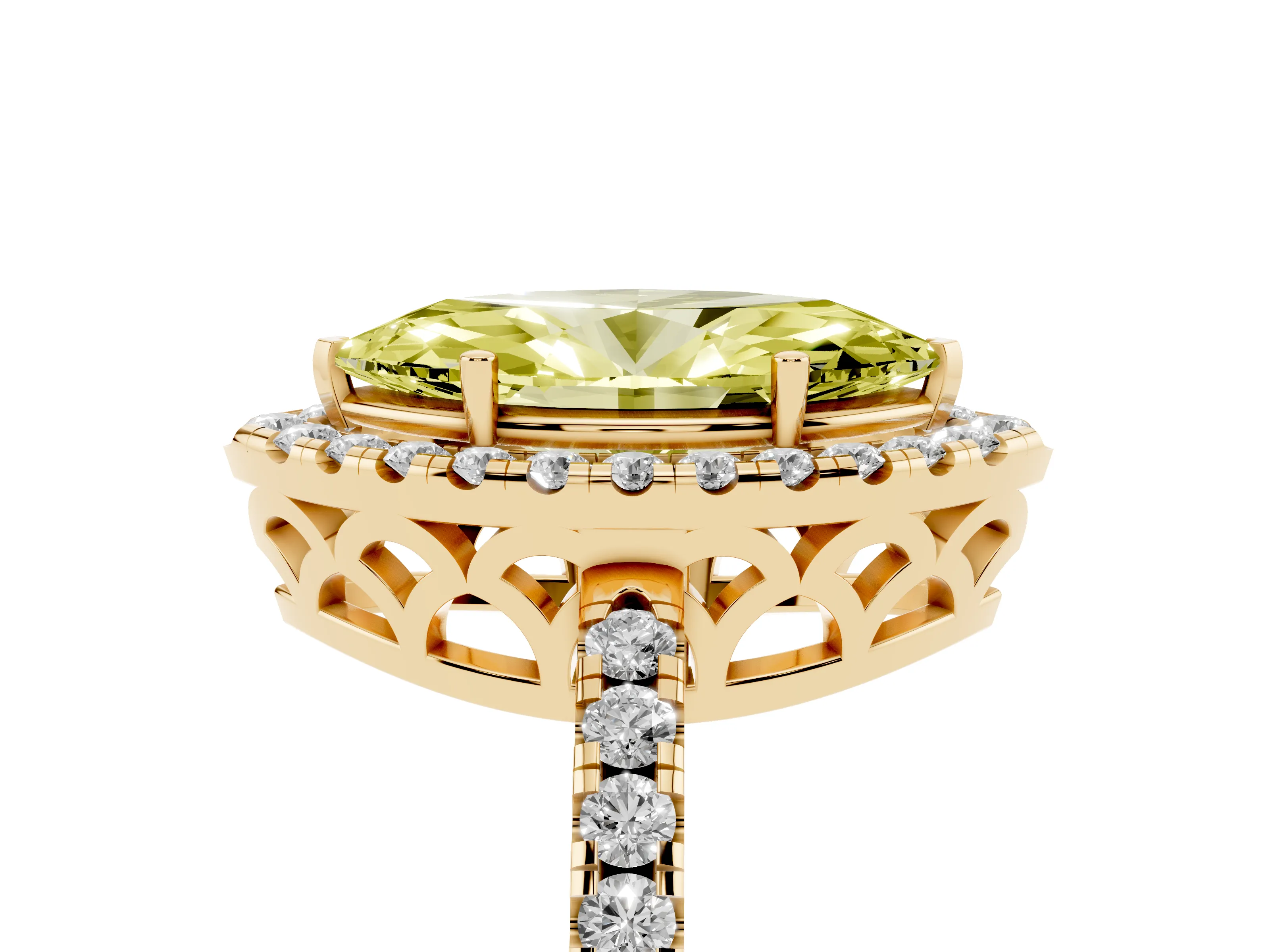 Fancy Yellow Marquise Cut Diamond Pavé Band Halo Engagement Ring Set in Yellow gold with Prong Setting