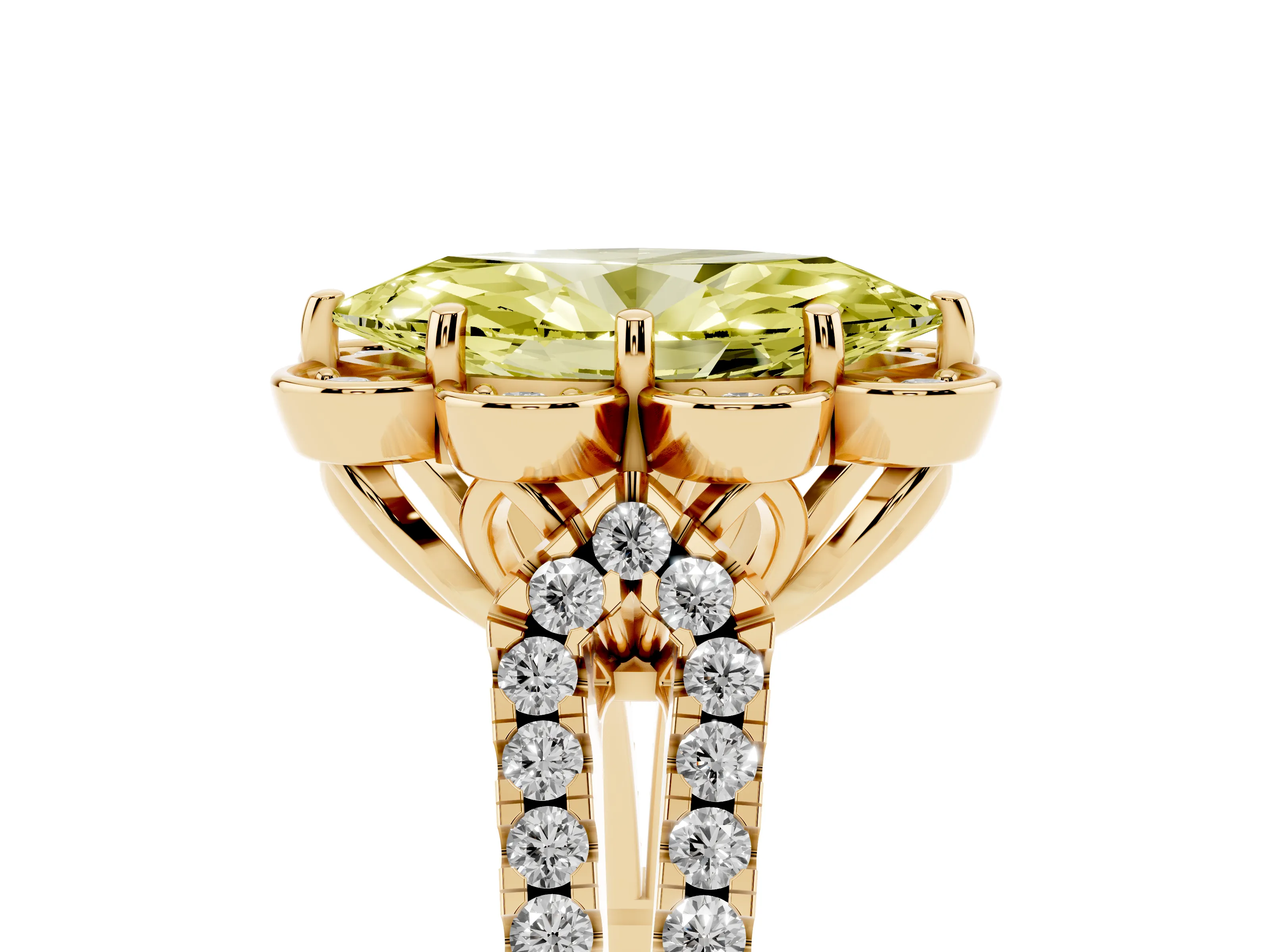 Fancy Yellow Marquise Cut Diamond Floral Halo Split Shank Engagement Ring Set in Yellow gold with Pavé Shank