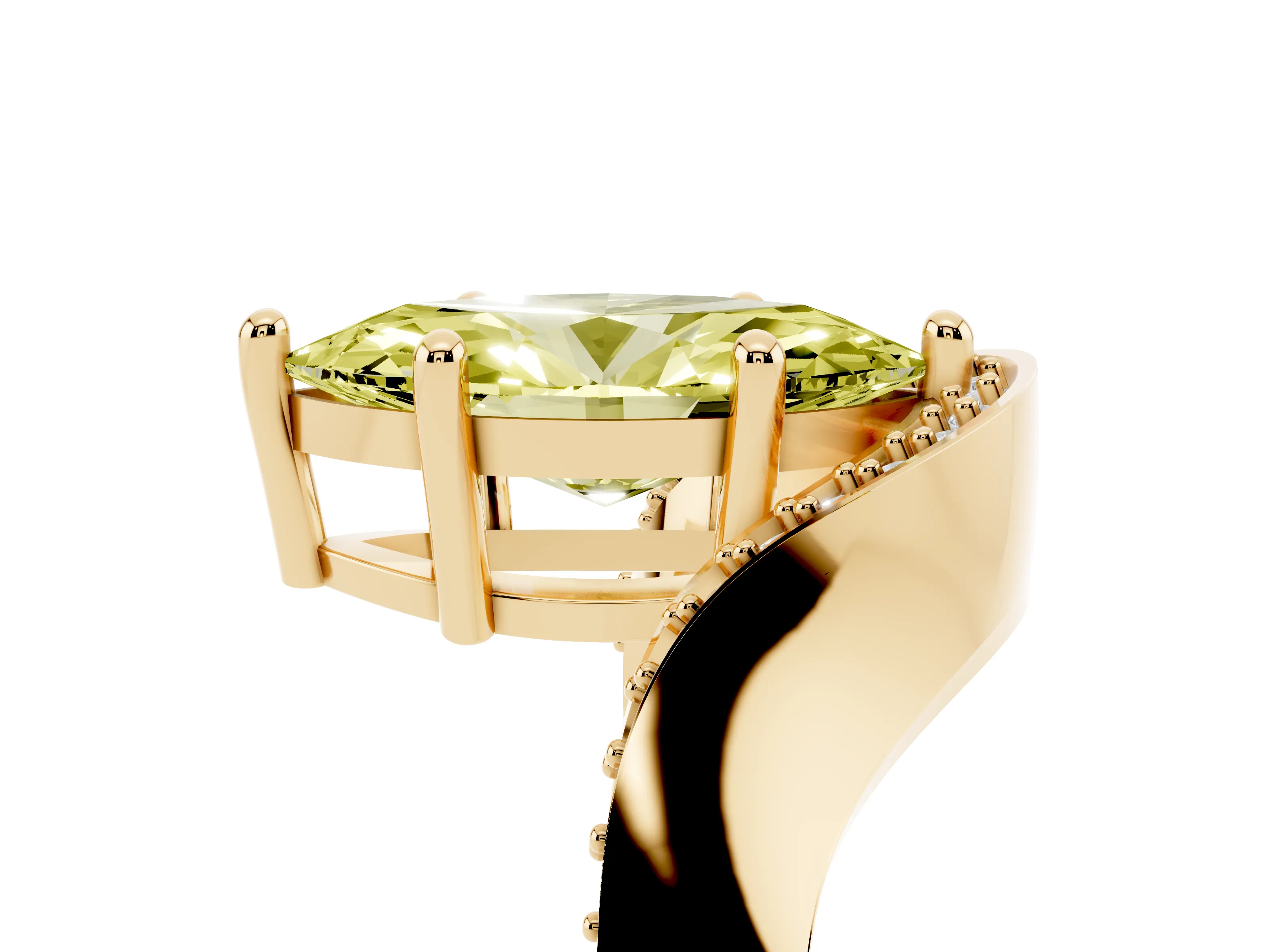Fancy Yellow Marquise Cut Diamond Solitaire Engagement Ring Set in Yellow gold with Pavé Shoulders