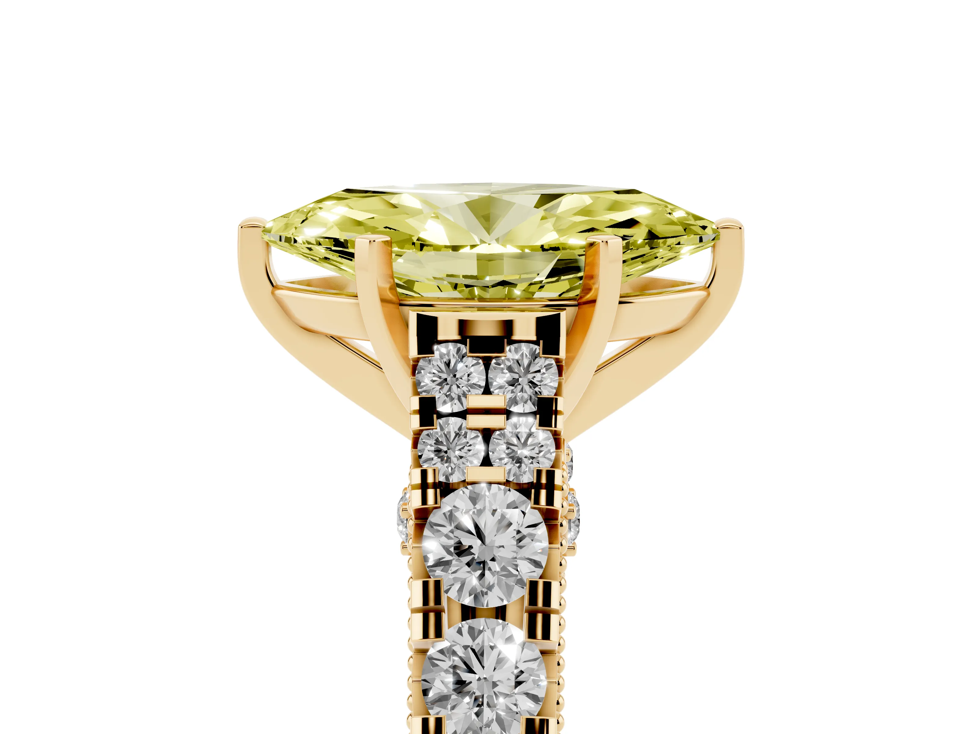 Fancy Yellow Marquise Cut Diamond Classic Solitaire Ring Set in Yellow gold with Pavé Band and Prong Setting