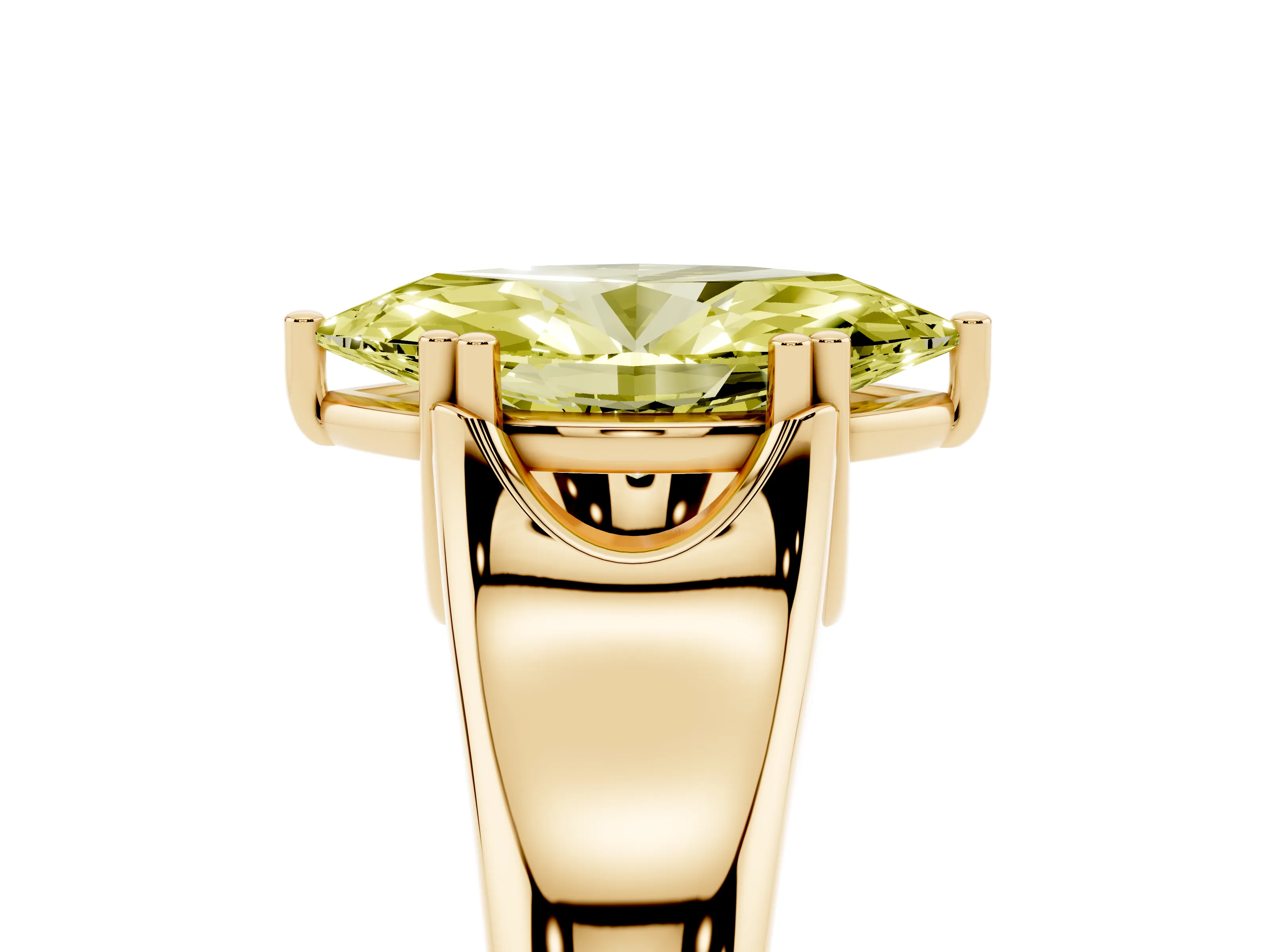 Fancy Yellow Marquise Cut Diamond Solitaire Ring Set in Yellow gold with Wide Band and Prong Setting