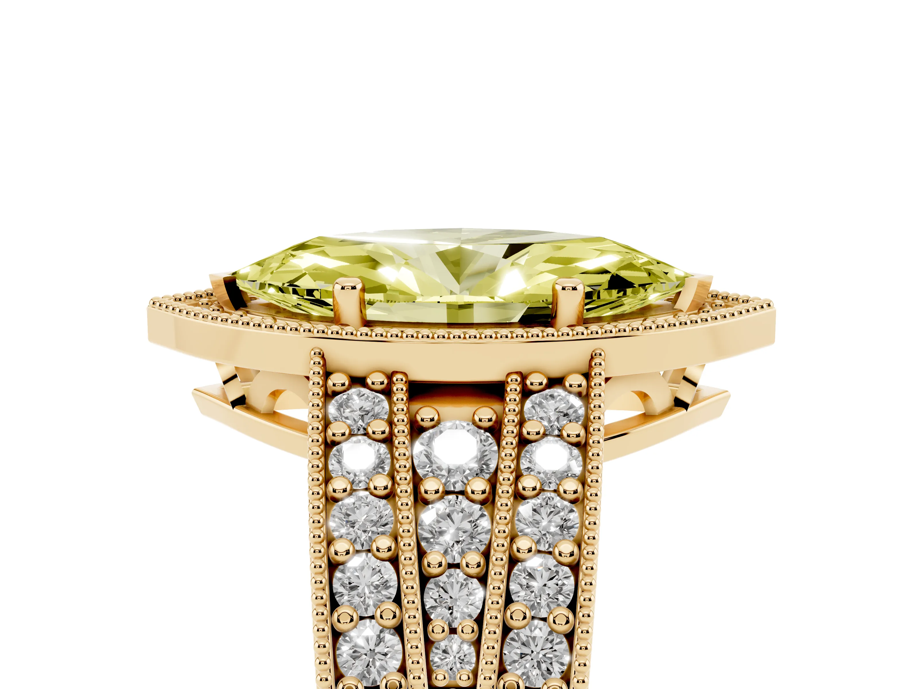 Fancy Yellow Marquise Cut Diamond Halo Ring Set in Yellow gold with Accent Split Shank and Prong Setting