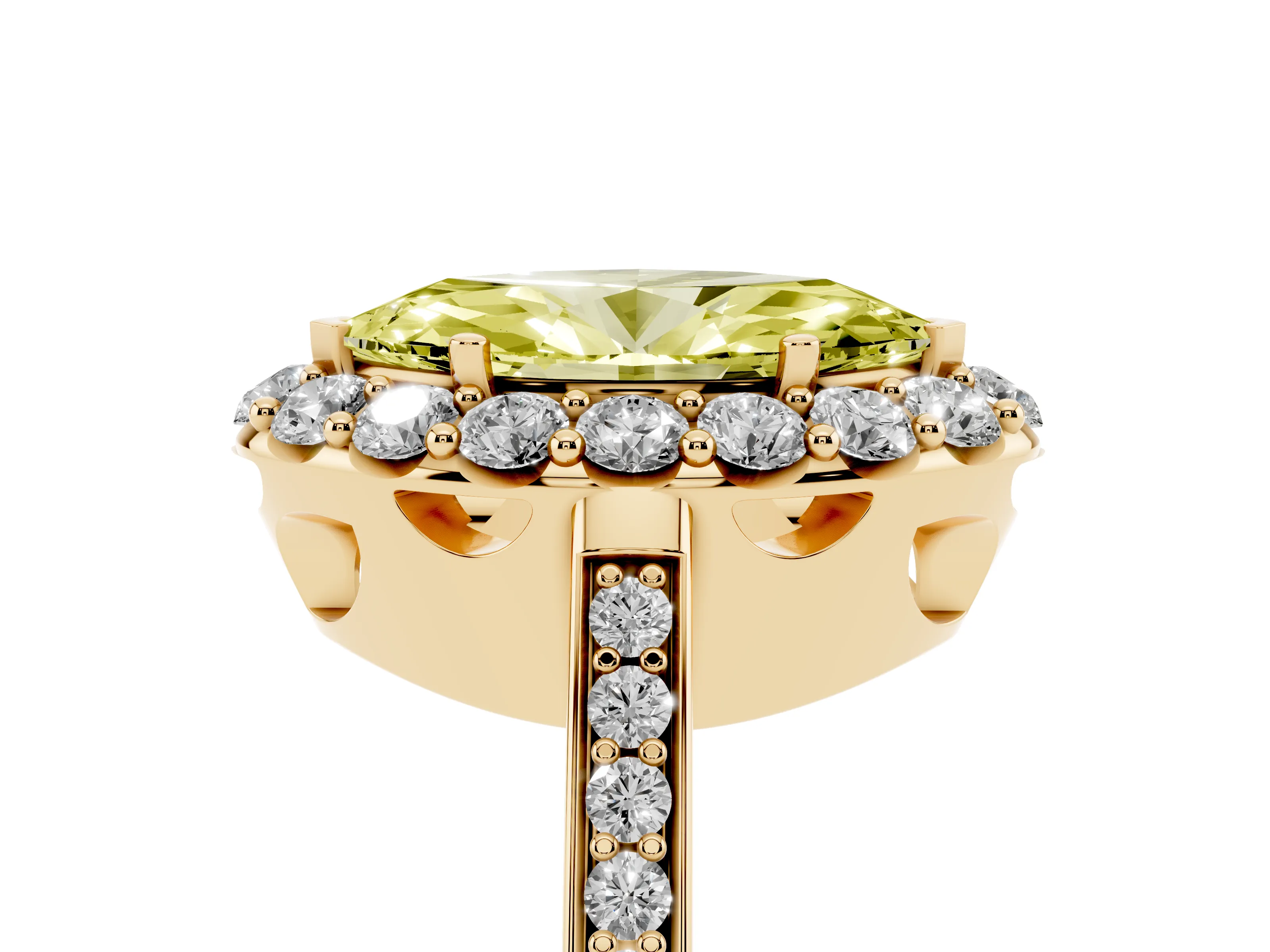 Fancy Yellow Marquise Cut Diamond Floral Halo Ring Set in Yellow gold with Pavé Band and Prong Setting