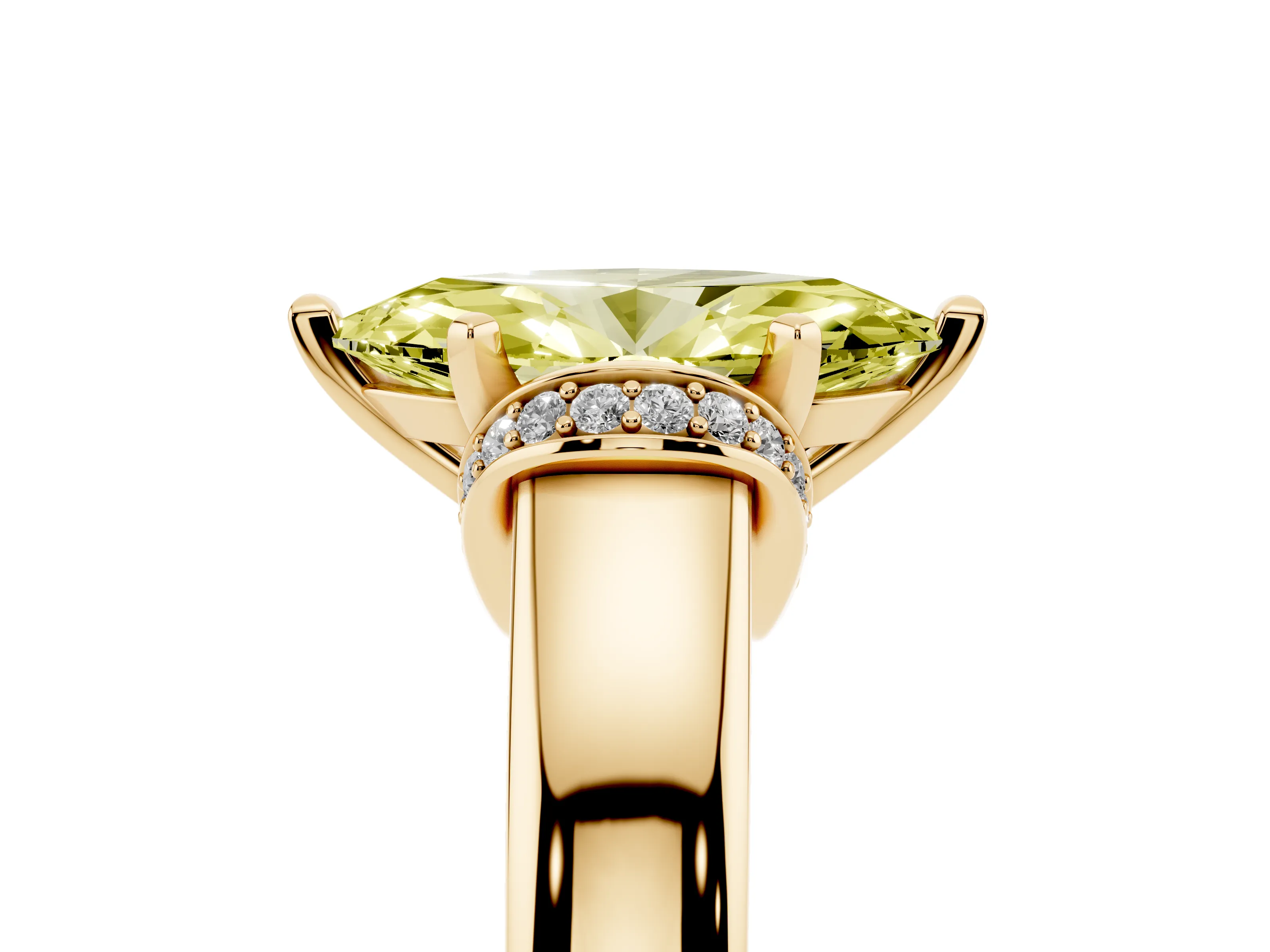 Fancy Yellow Marquise Cut Diamond Pavé Band Solitaire Ring Set in Yellow gold with Prong Setting