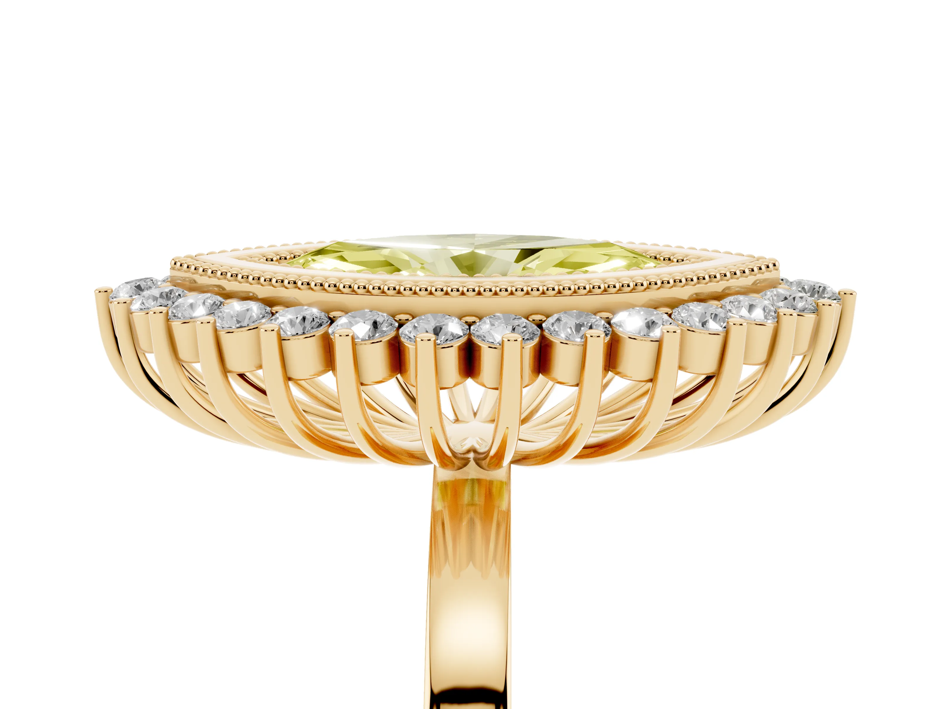 Fancy Yellow Marquise Cut Diamond Halo Ring Set in Yellow gold with Milgrain Edge and Round Prong Setting