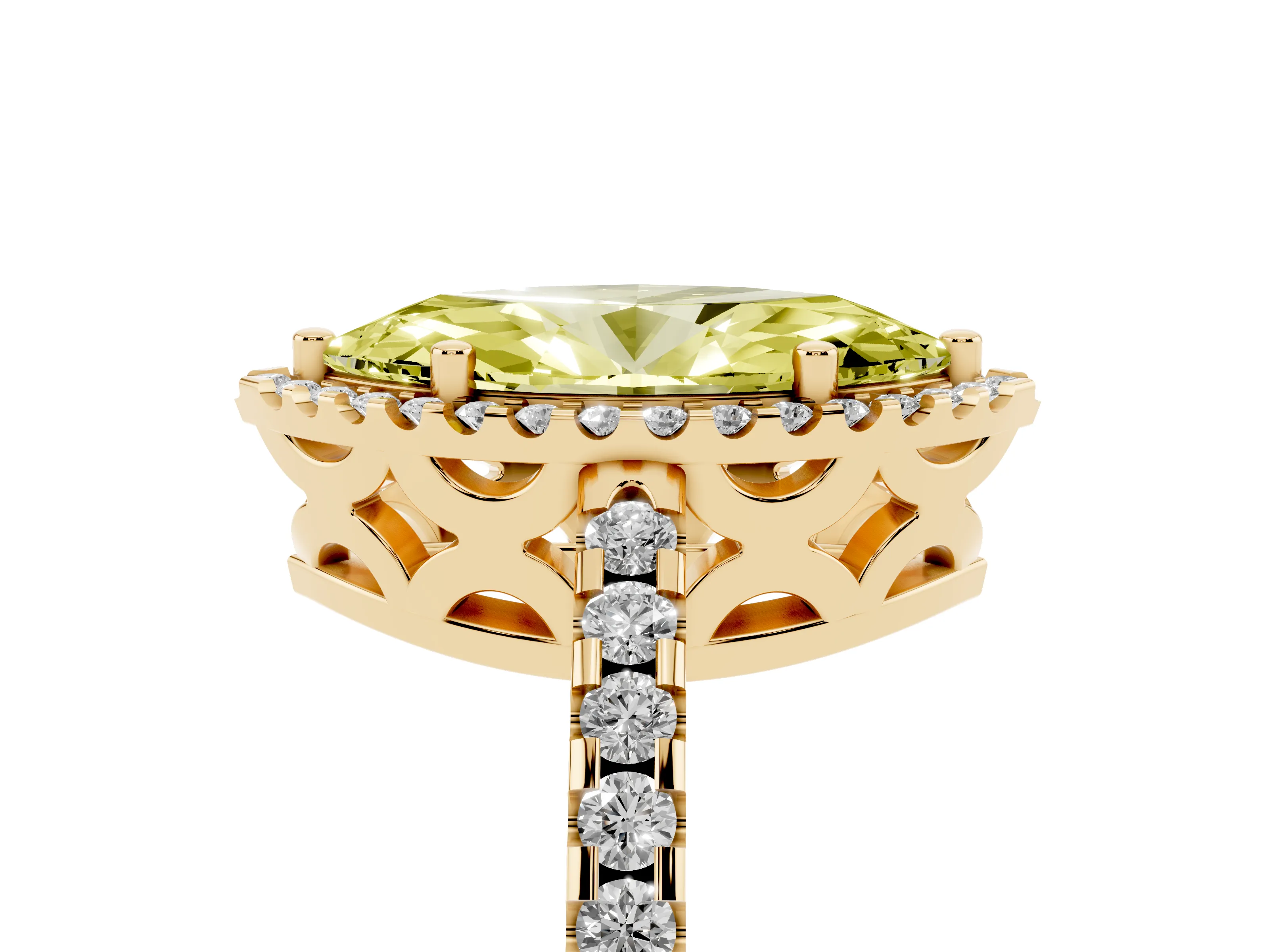 Fancy Yellow Marquise Cut Diamond Halo Ring Set in Yellow gold with Pavé Shoulders and Halo-Framed Center
