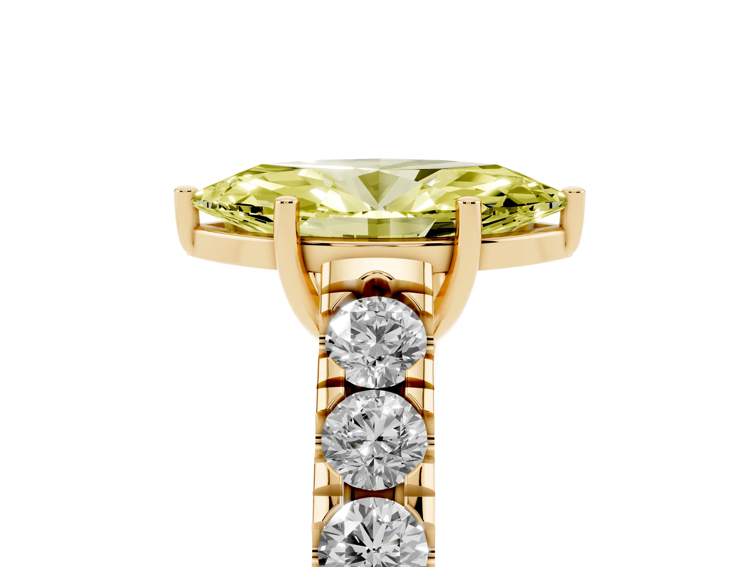 Fancy Yellow Marquise Cut Diamond Solitaire Ring Set in Yellow gold with Cut-Down Micro Pavé Band and Prong Setting