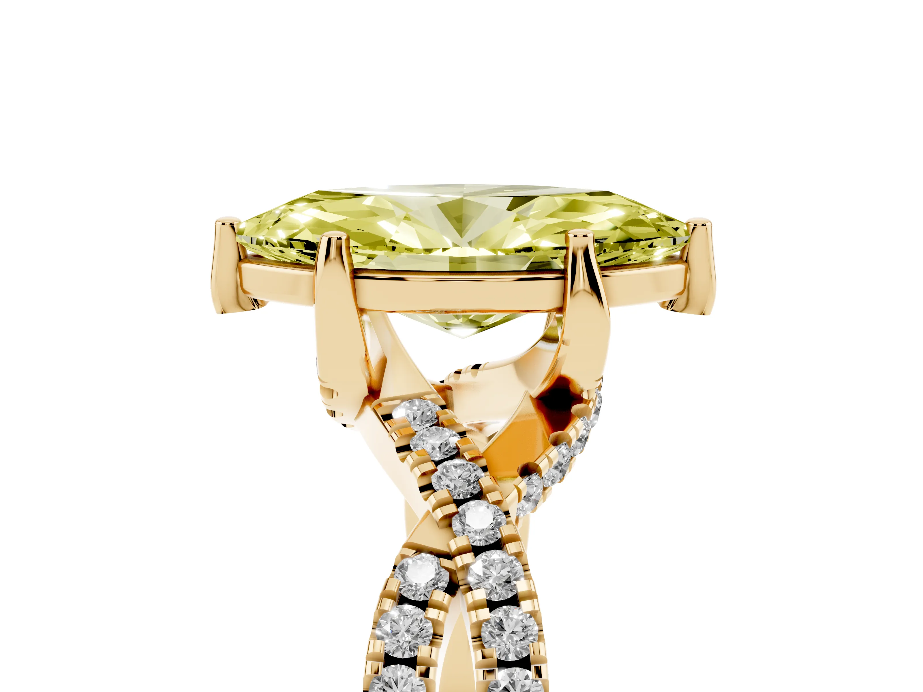 Fancy Yellow Marquise Cut Diamond Twist Pavé Solitaire Engagement Ring Set in Yellow gold with Prong Setting