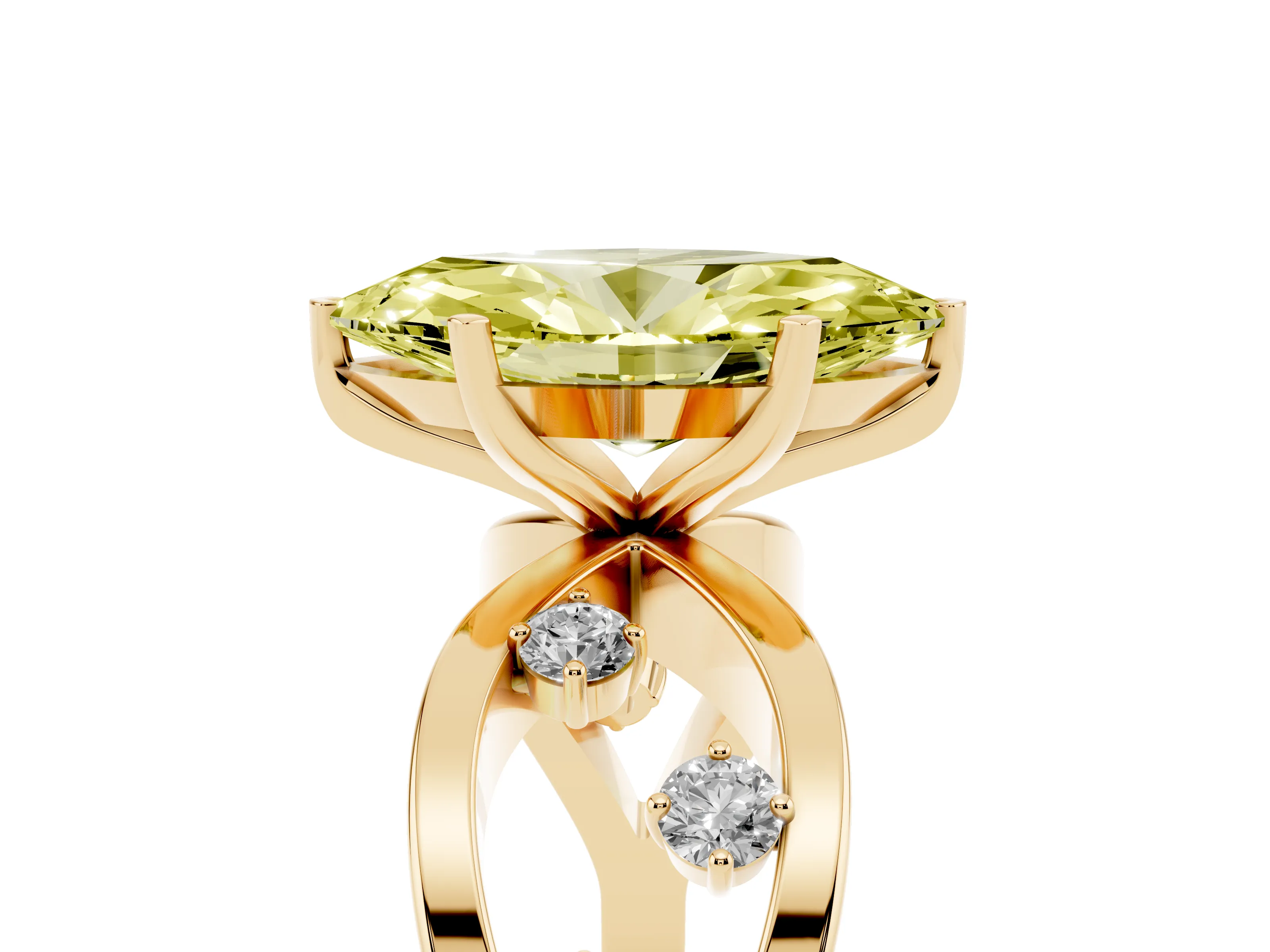 Fancy Yellow Marquise Cut Diamond Solitaire Ring Set in Yellow gold with Side Stones on Criss-Cross Band and Prong Setting