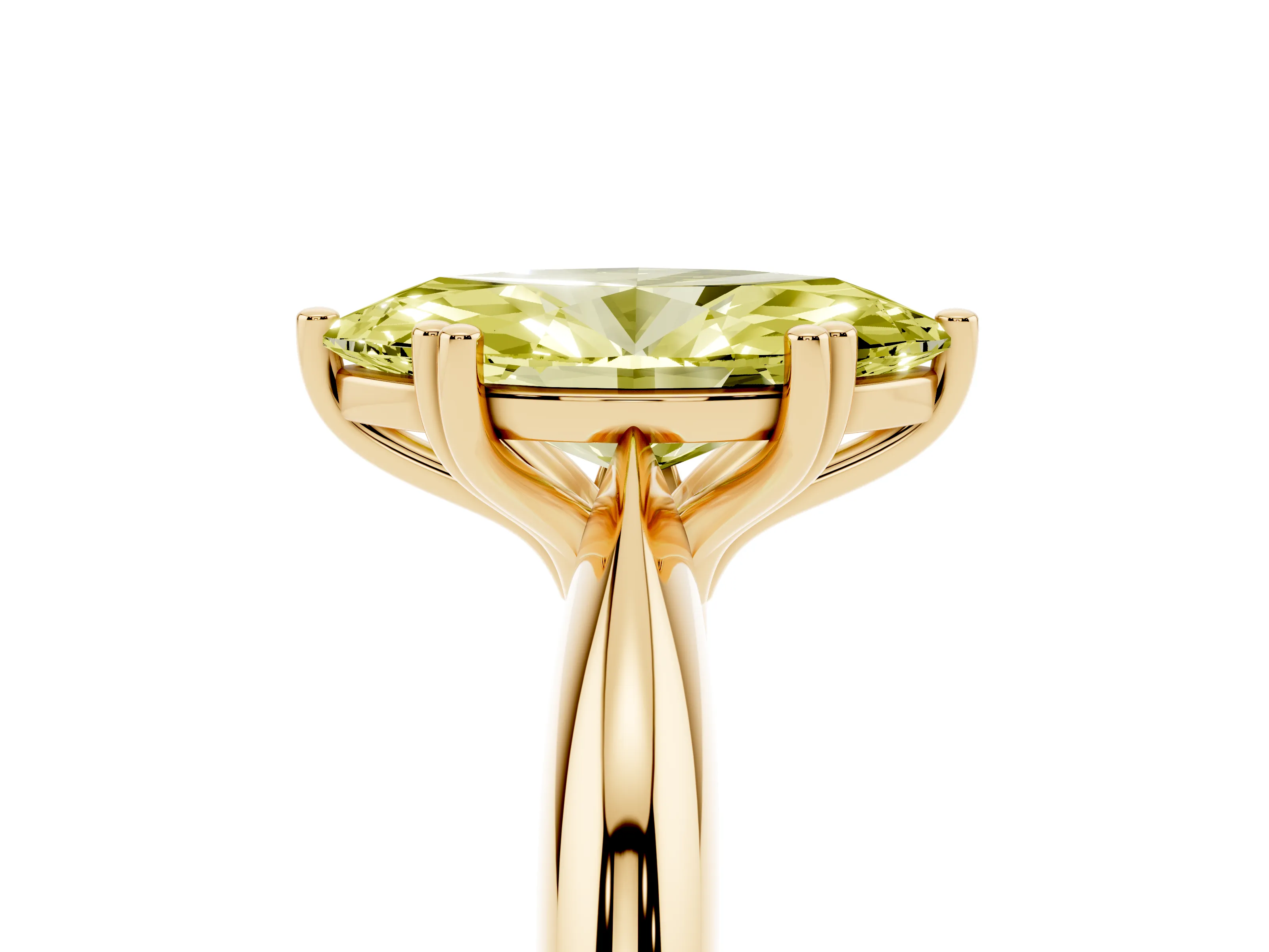 Fancy Yellow Marquise Cut Diamond Solitaire Engagement Ring Set in Yellow gold with Tapered Band and Prong Setting
