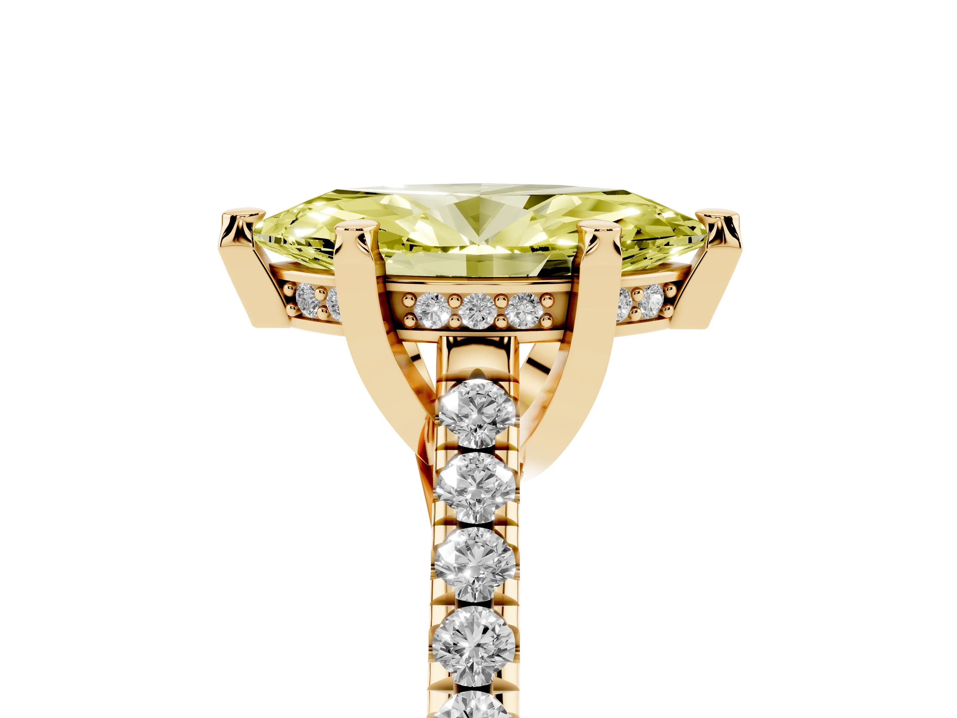 Fancy Yellow Marquise Cut Diamond Solitaire Ring Set in Yellow gold with Brilliant Pavé Band and Prong Setting