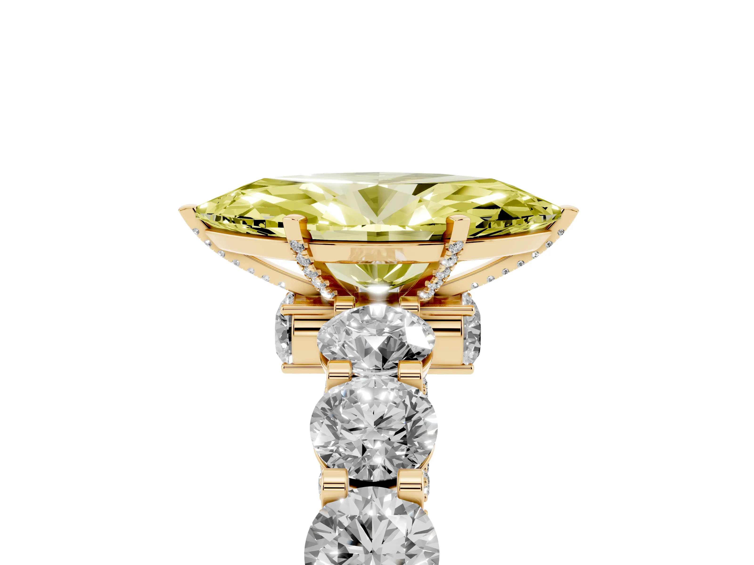 Fancy Yellow Marquise Cut Diamond Side Stone Ring Set in Yellow gold with Alternating Round and Oval Side Stones