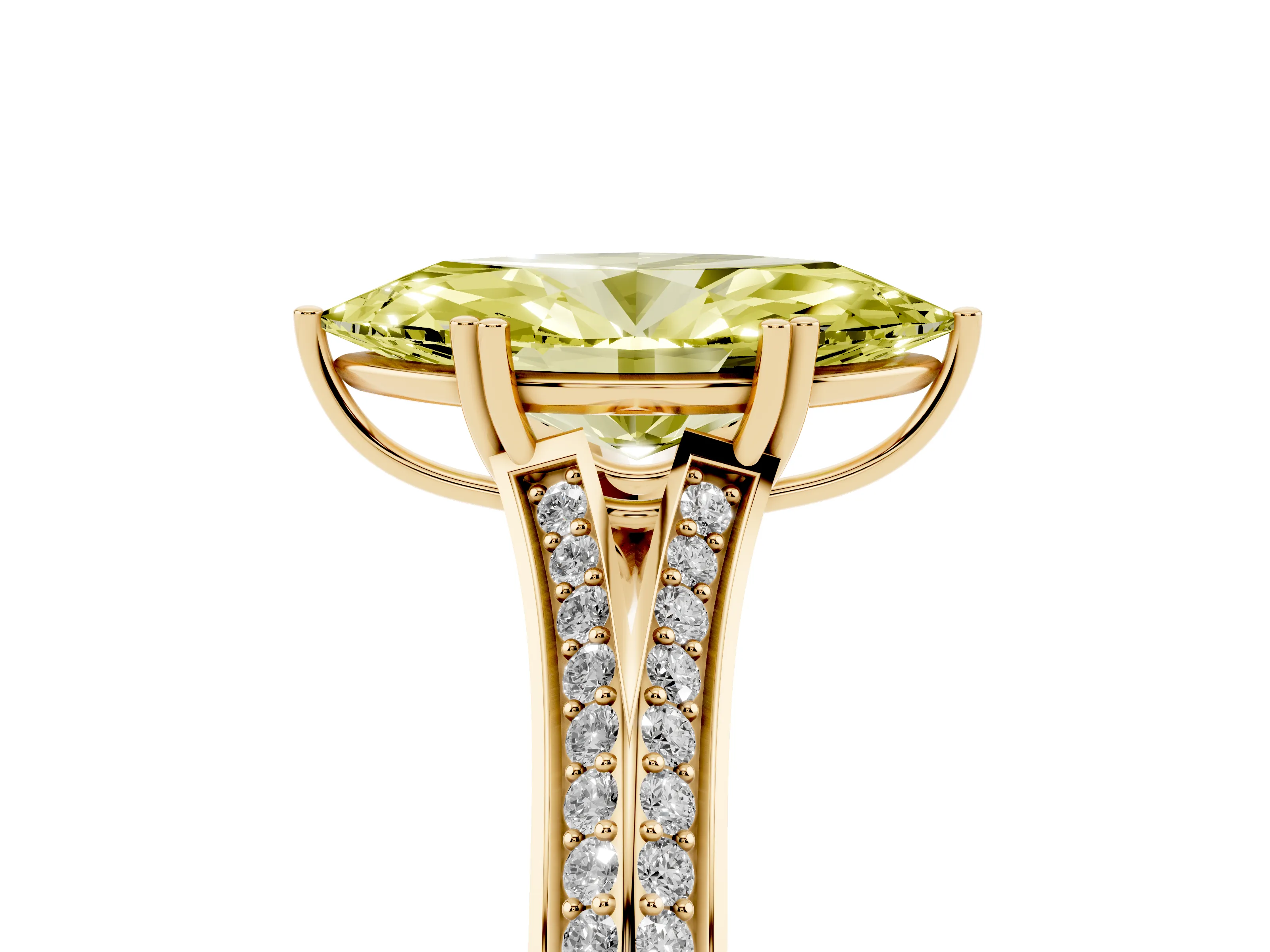Fancy Yellow Marquise Cut Diamond Split Shank Pavé Engagement Ring Set in Yellow gold with Prong-Set Center Stone