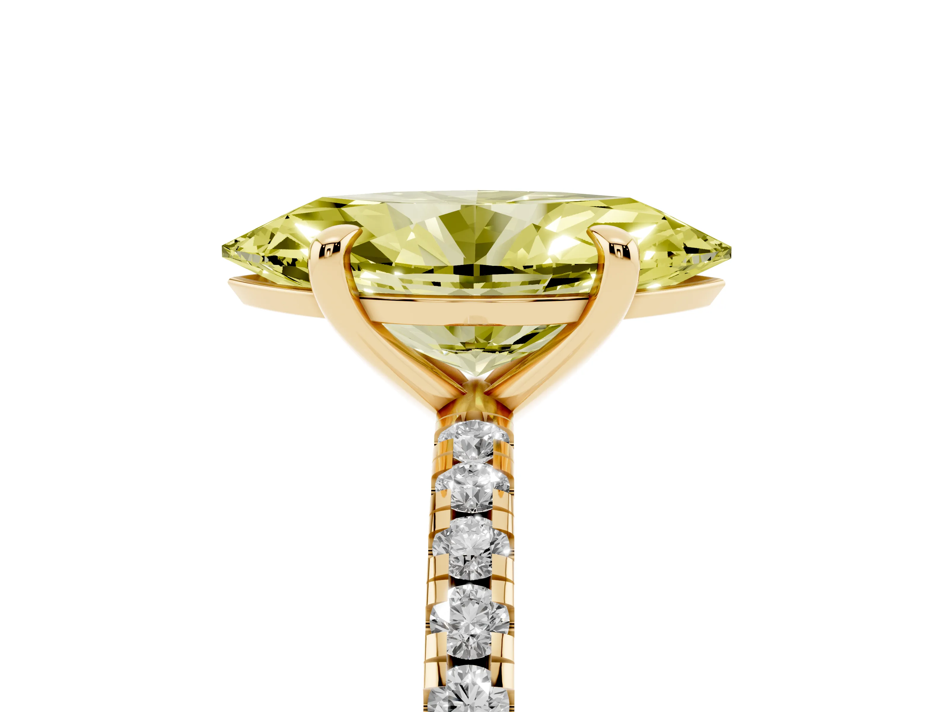 Fancy Yellow Marquise Cut Diamond Brilliant Solitaire Ring Set in Yellow gold with Pavé Band and Prong Setting