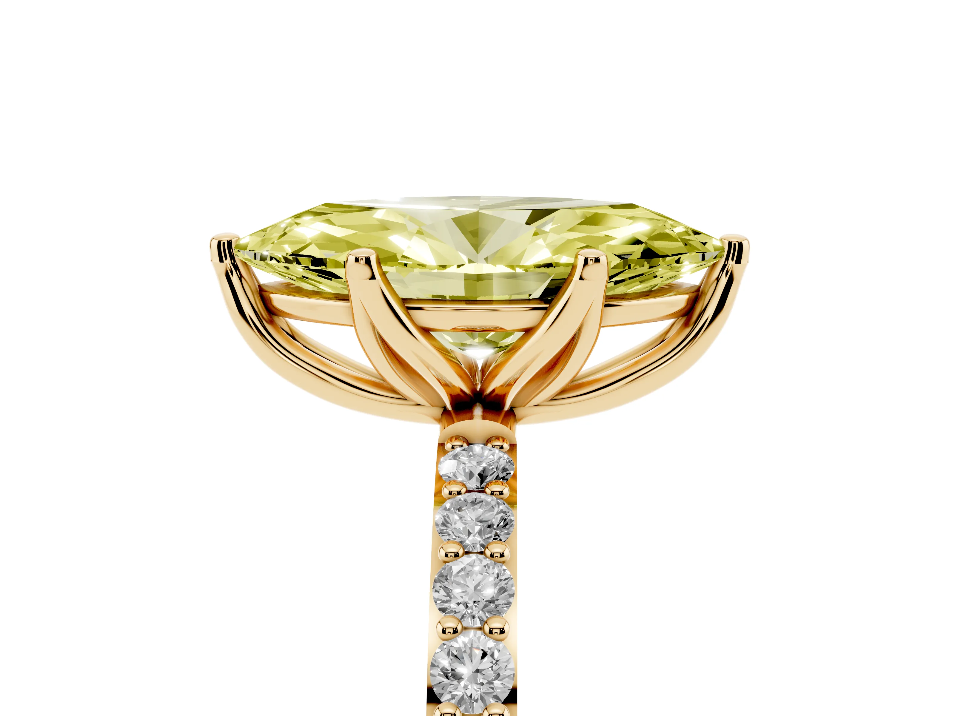 Fancy Yellow Marquise Cut Diamond Solitaire Engagement Ring Set in Yellow gold with Round Pavé Band and Prong Setting