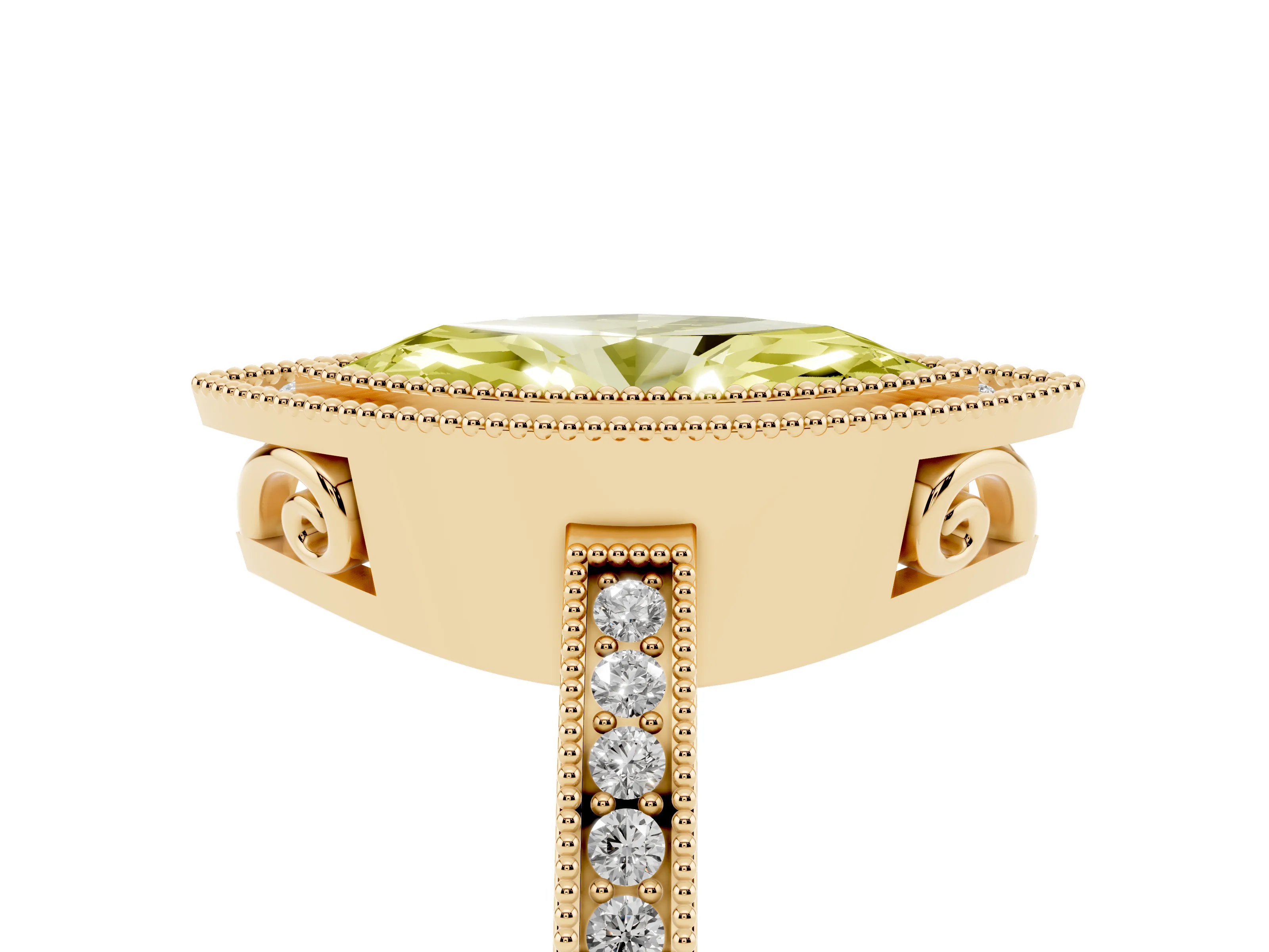 Fancy Yellow Marquise Cut Diamond Halo Ring Set in Yellow gold with Pavé Band and Milgrain-Edged Prongs