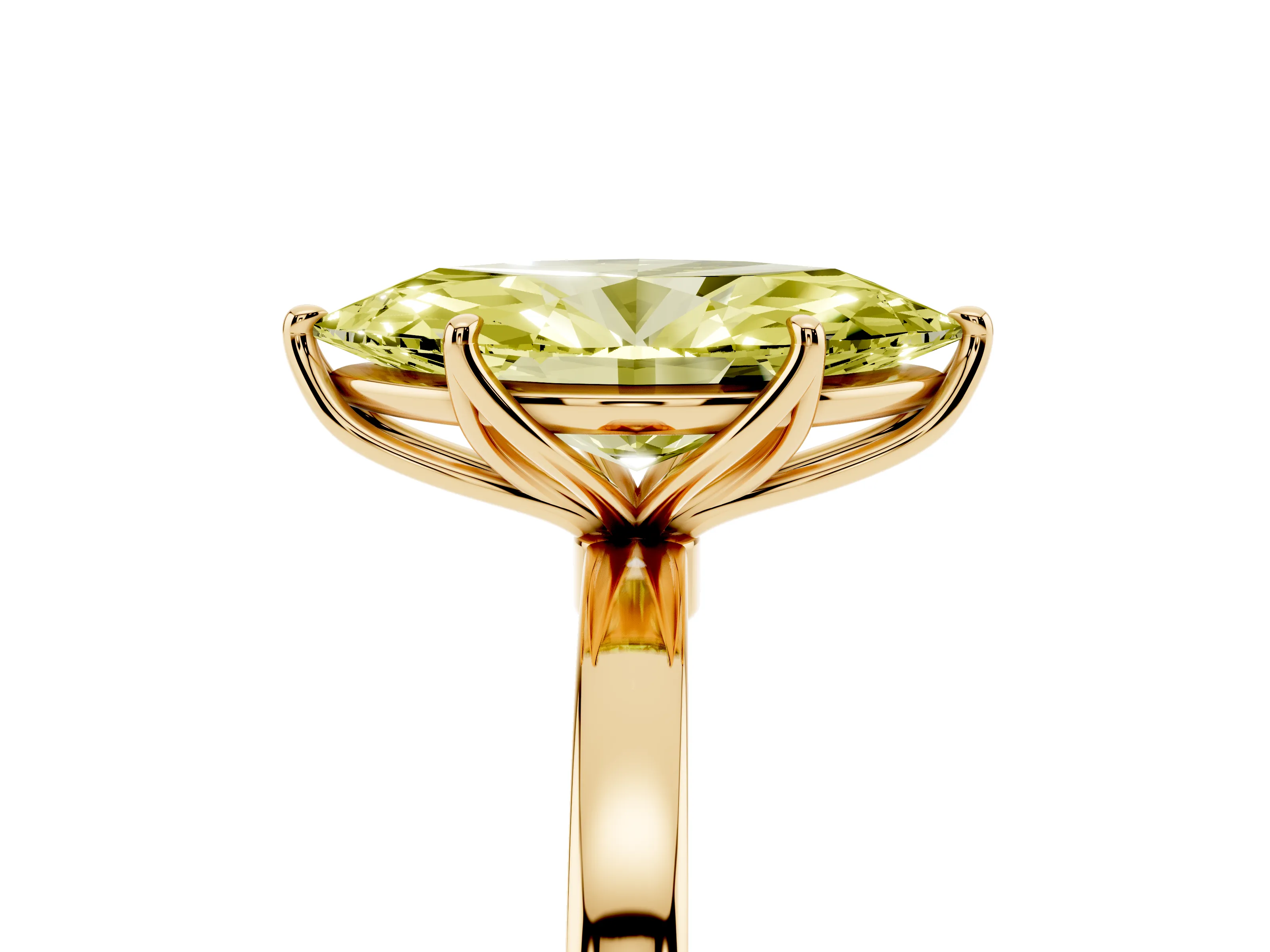 Fancy Yellow Marquise Cut Diamond Solitaire Ring Set in Yellow gold with Prong Setting and Thin Polished Band