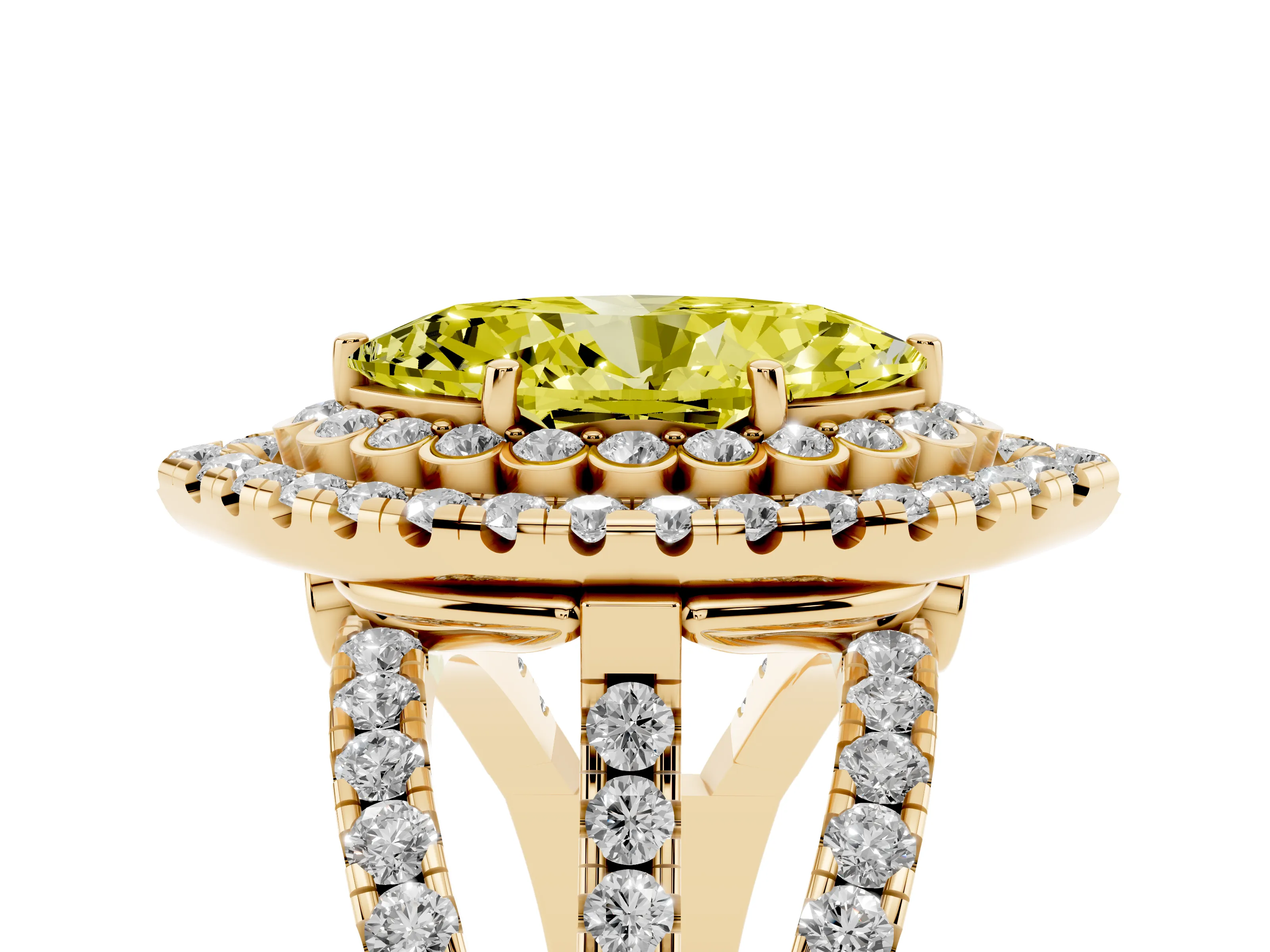 Fancy Yellow Marquise Cut Diamond Double Halo Ring Set in Yellow gold with Round Pavé Split Shank