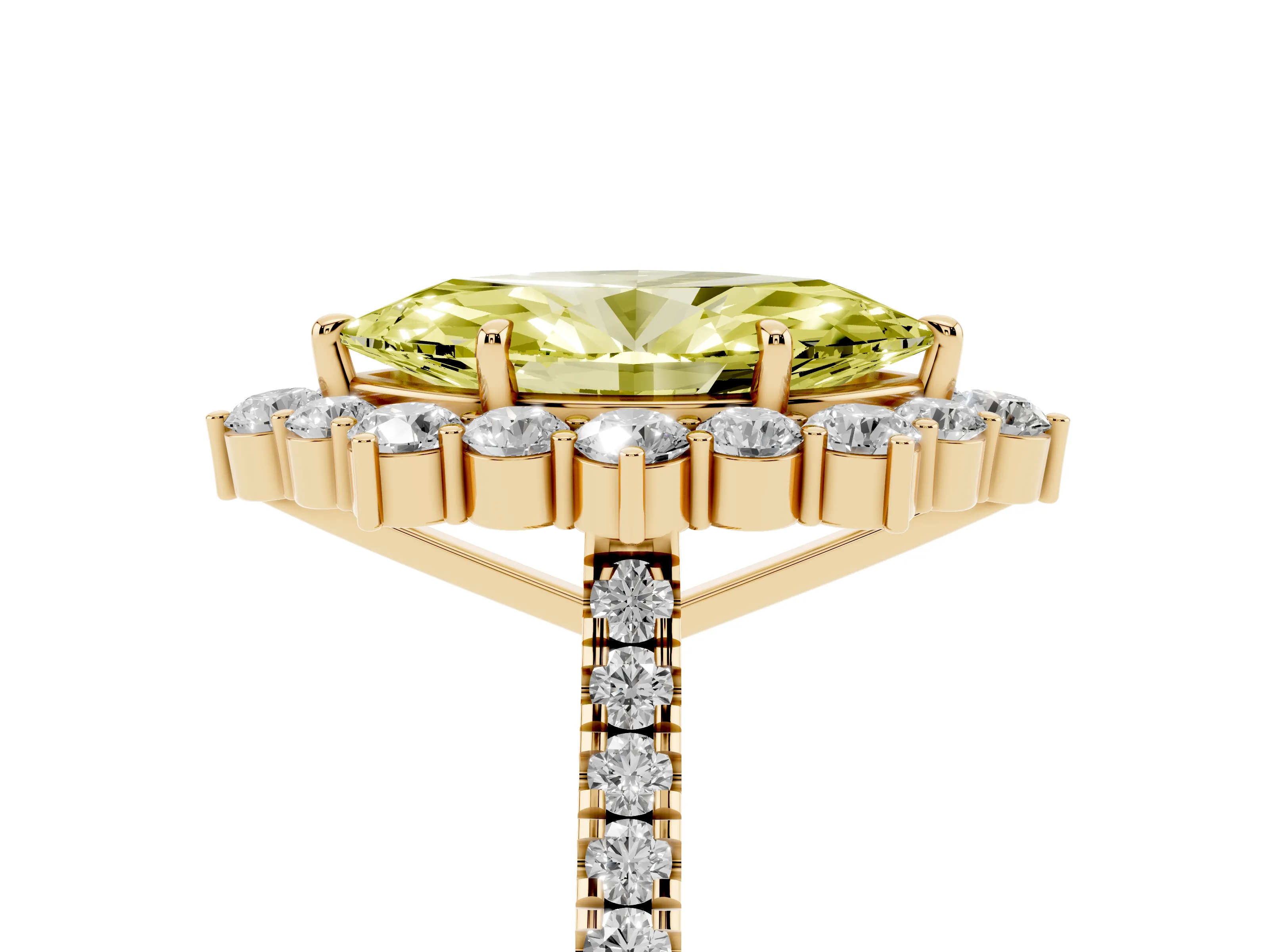 Fancy Yellow Marquise Cut Diamond Halo Ring Set in Yellow gold with Pavé Band and Prong Setting