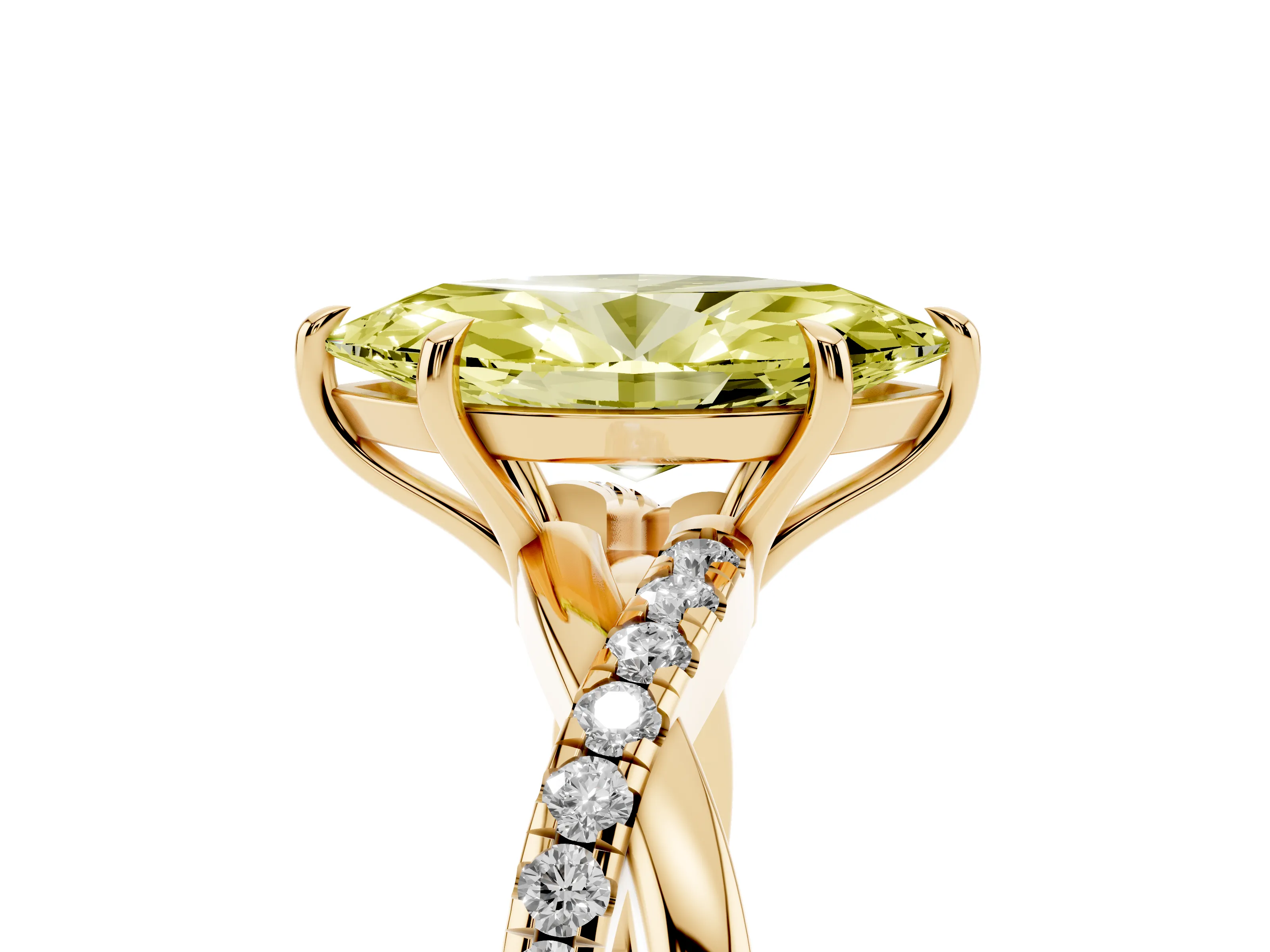 Fancy Yellow Marquise Cut Diamond Twisted Pavé Band Ring Set in Yellow gold with Prong Setting