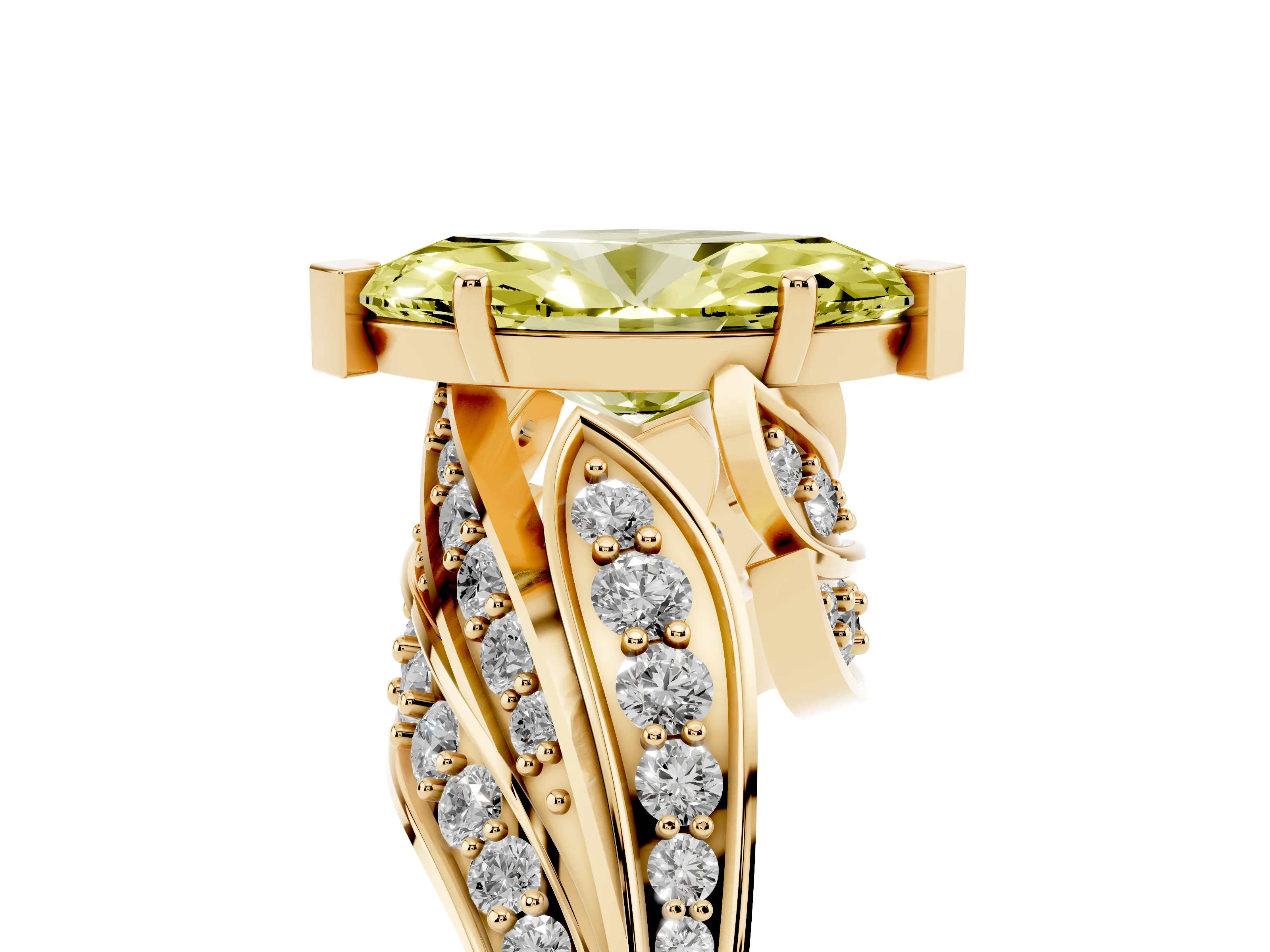 Fancy Yellow Marquise Cut Diamond Solitaire Ring Set in Yellow gold with Layered Twist Pavé Band