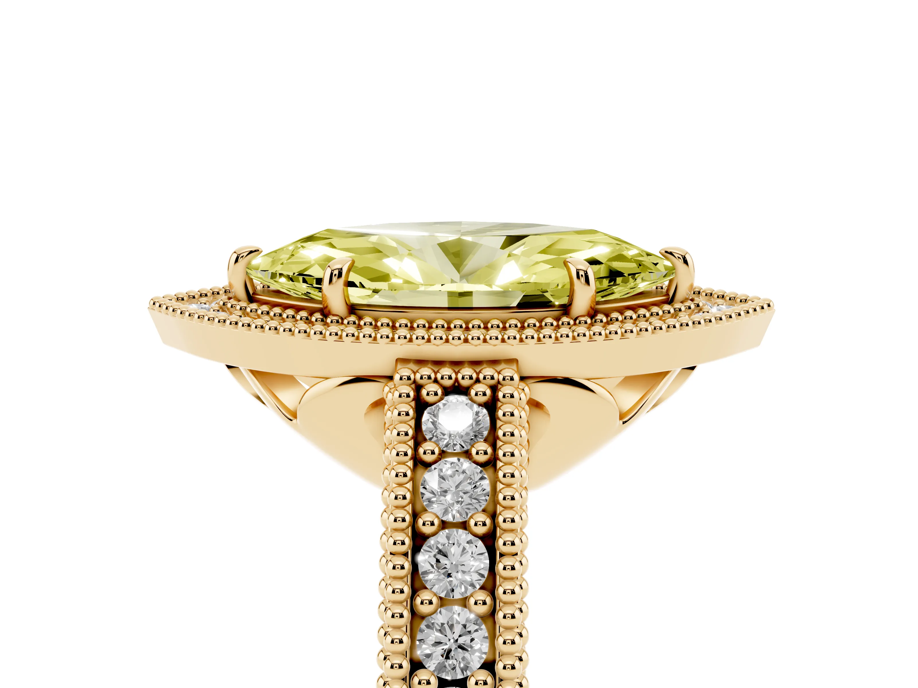 Fancy Yellow Marquise Cut Diamond Halo Ring Set in Yellow gold with Round Accent Halo, Pavé Band and Prong Setting