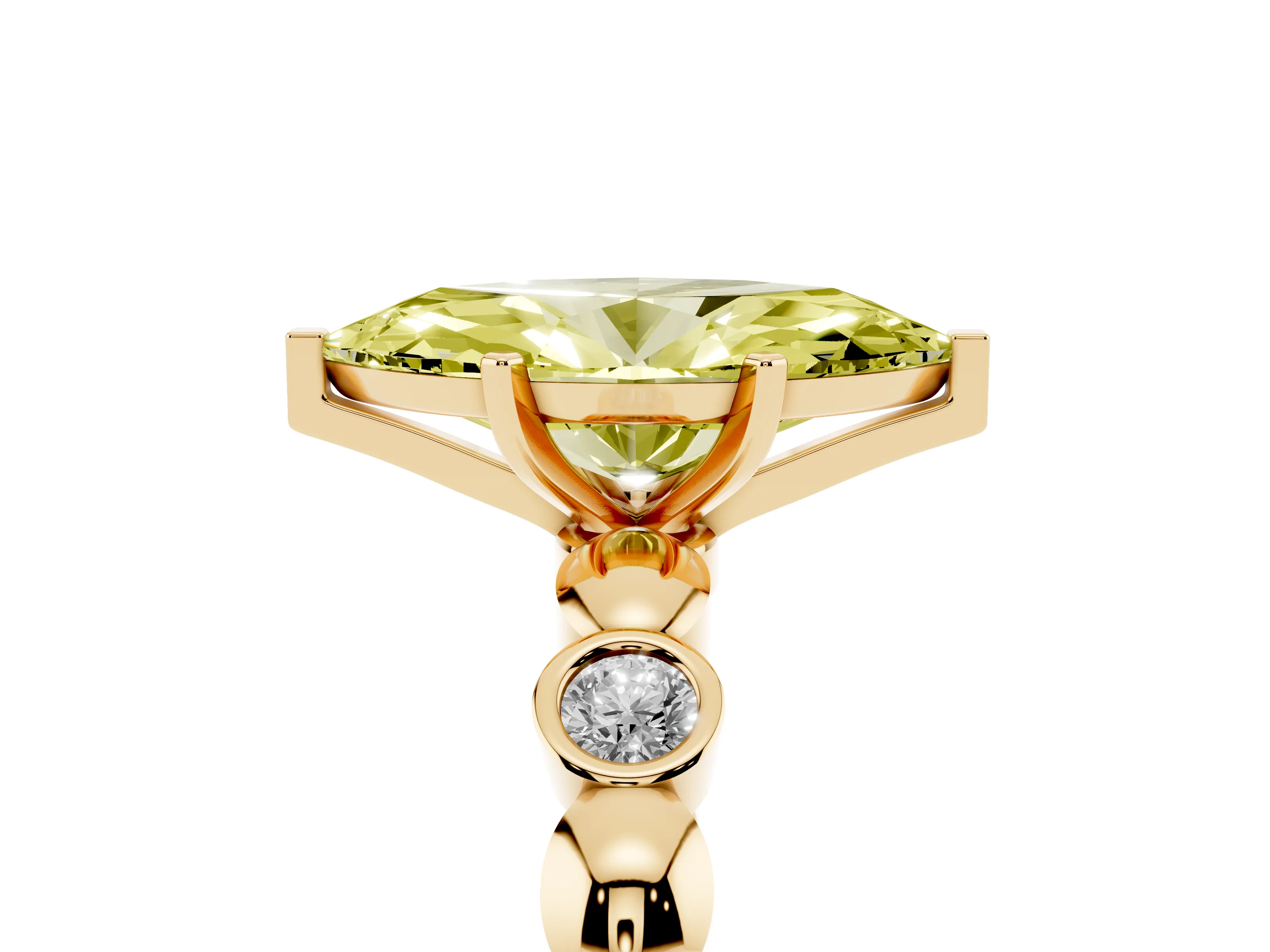 Fancy Yellow Marquise Cut Diamond Solitaire Ring Set in Yellow gold with Bezel-Set Accents on Beaded Band and Prong Setting