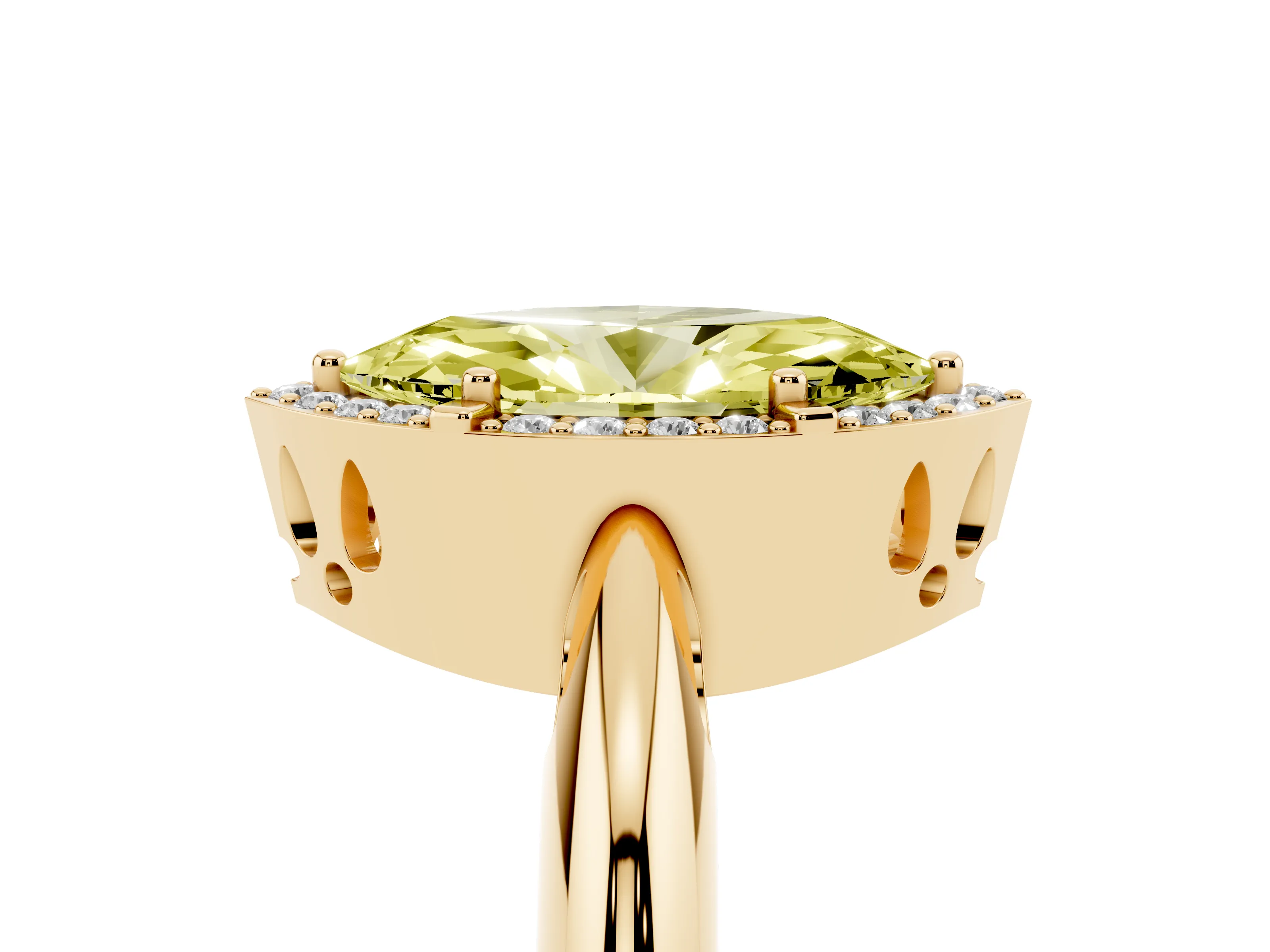 Fancy Yellow Marquise Cut Diamond Halo Engagement Ring Set in Yellow gold with Plain Split Shank and Prong Setting