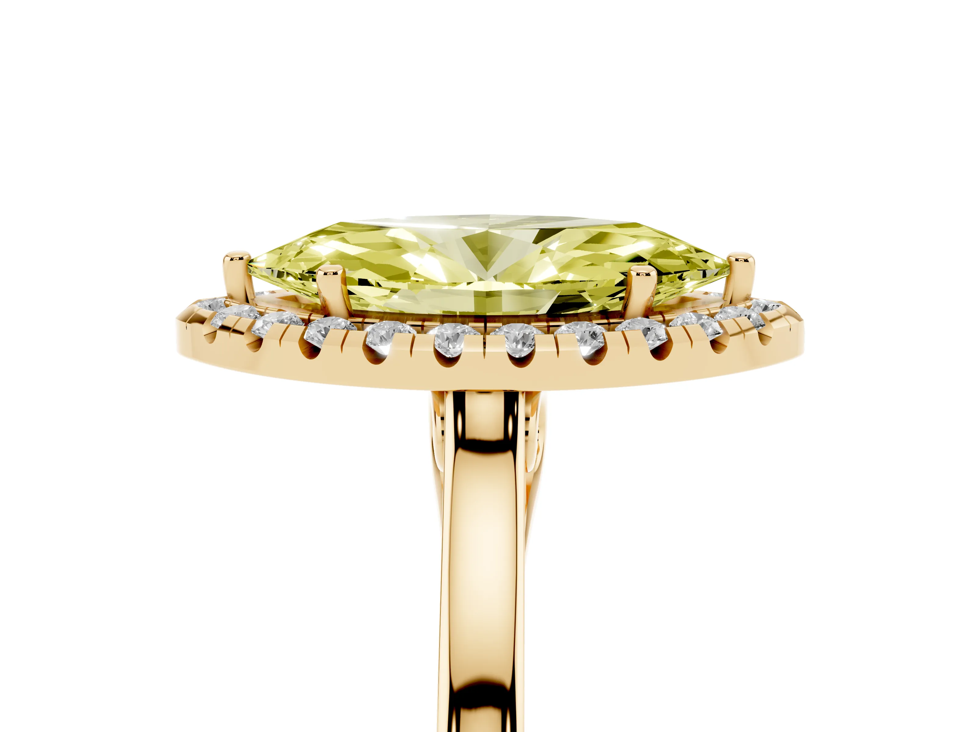 Fancy Yellow Marquise Cut Halo Round Diamond Solitaire Ring Set in Yellow gold with Pavé Band and Prong Setting