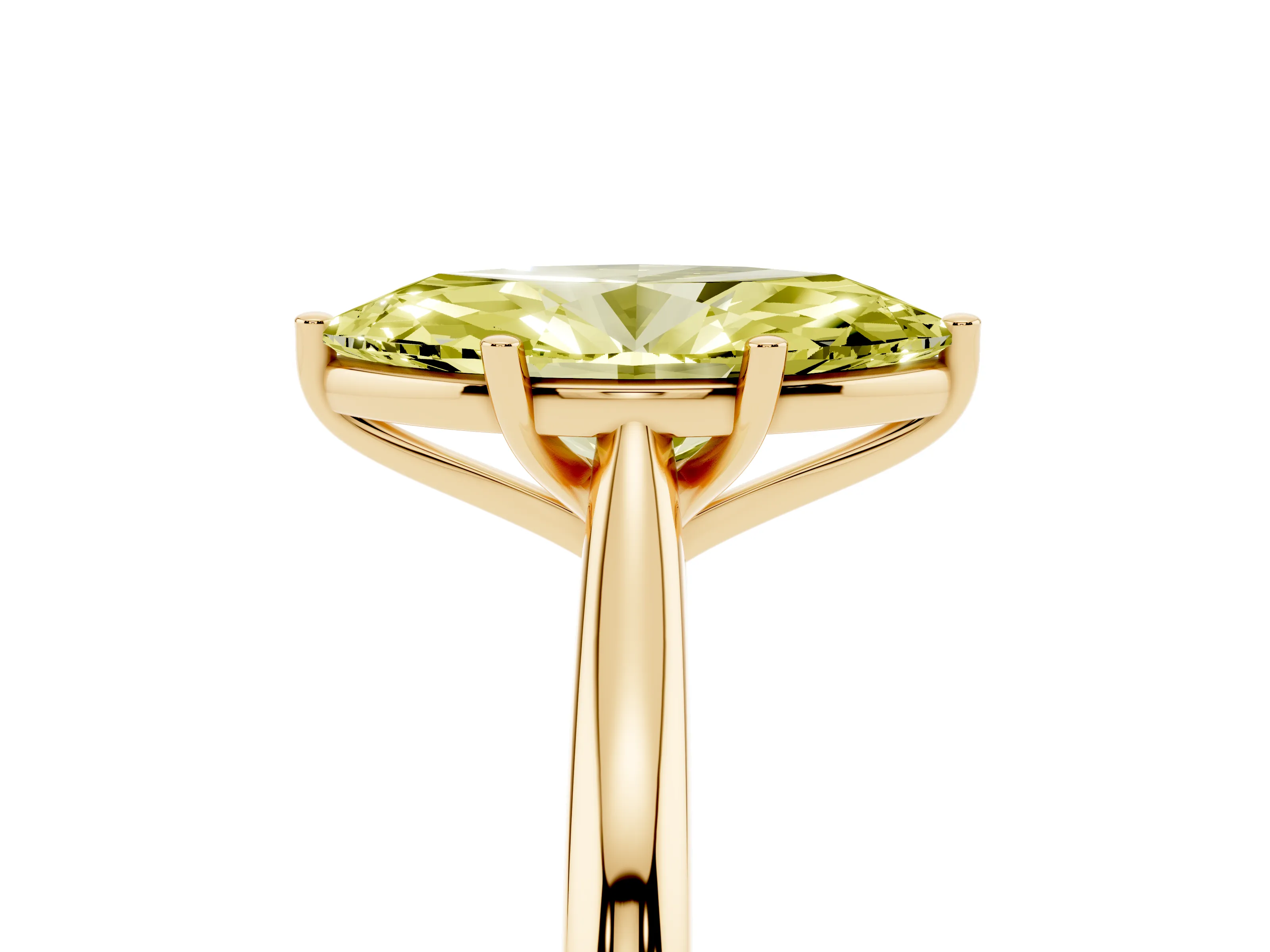 Fancy Yellow Marquise Cut Diamond Solitaire Ring Set in Yellow gold with Cathedral Band and Prong Setting