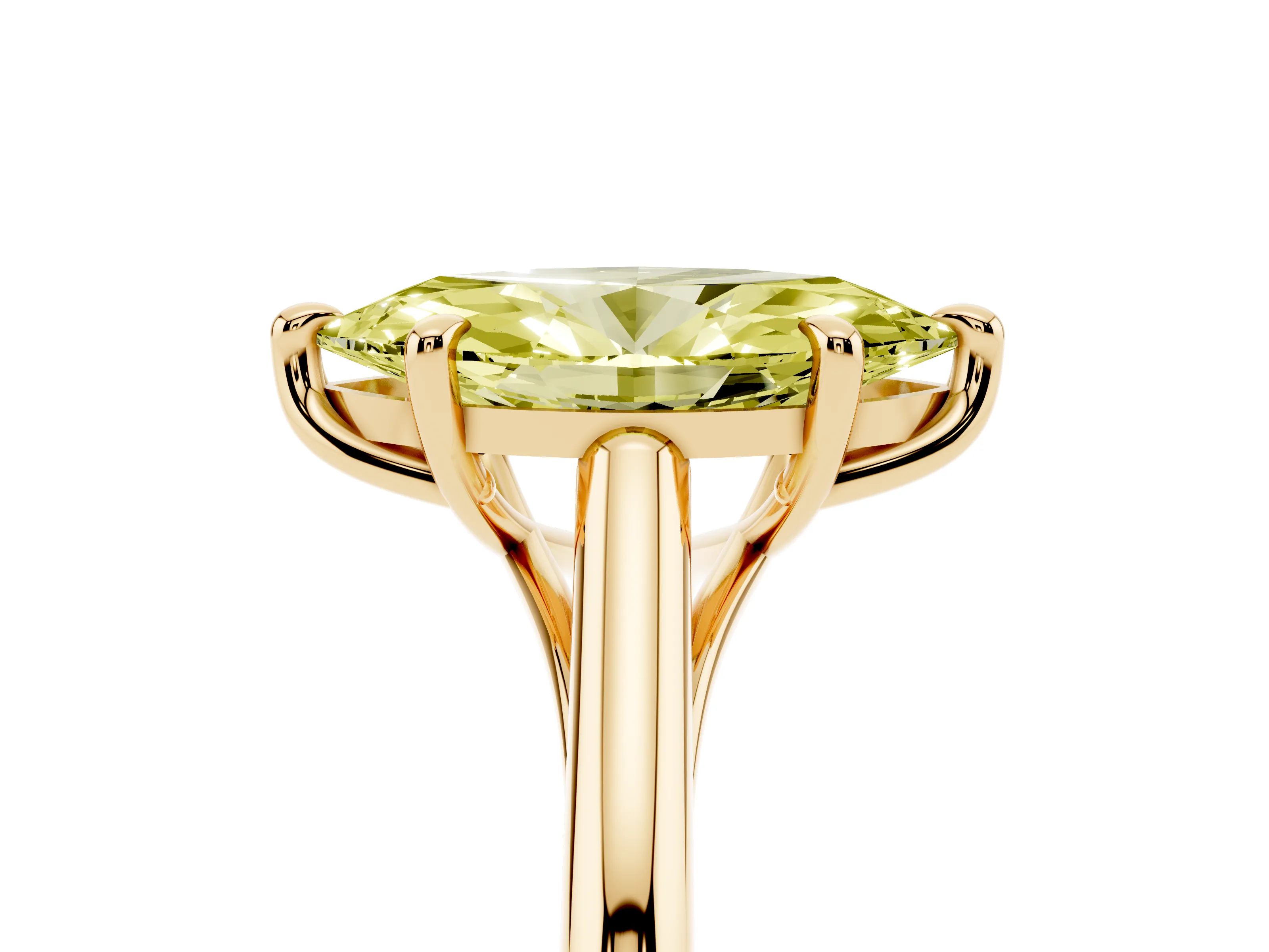Fancy Yellow Marquise Cut Diamond Solitaire Engagement Ring Set in Yellow gold with Prong Setting and Plain Classic Band