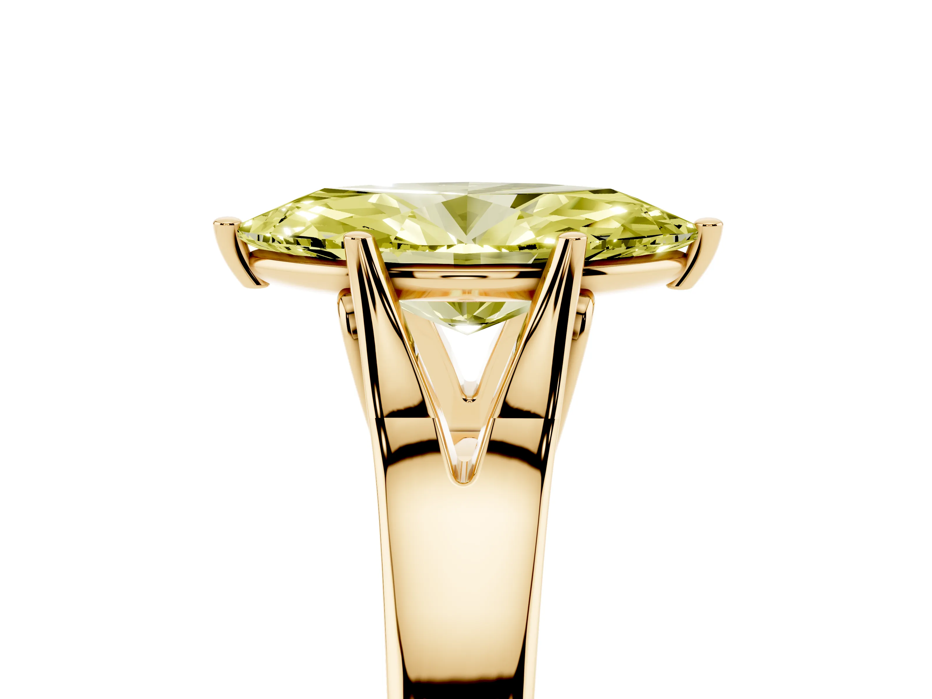 Fancy Yellow Marquise Cut Diamond Solitaire Ring Set in Yellow gold with Arched Cathedral Band and Prong Setting