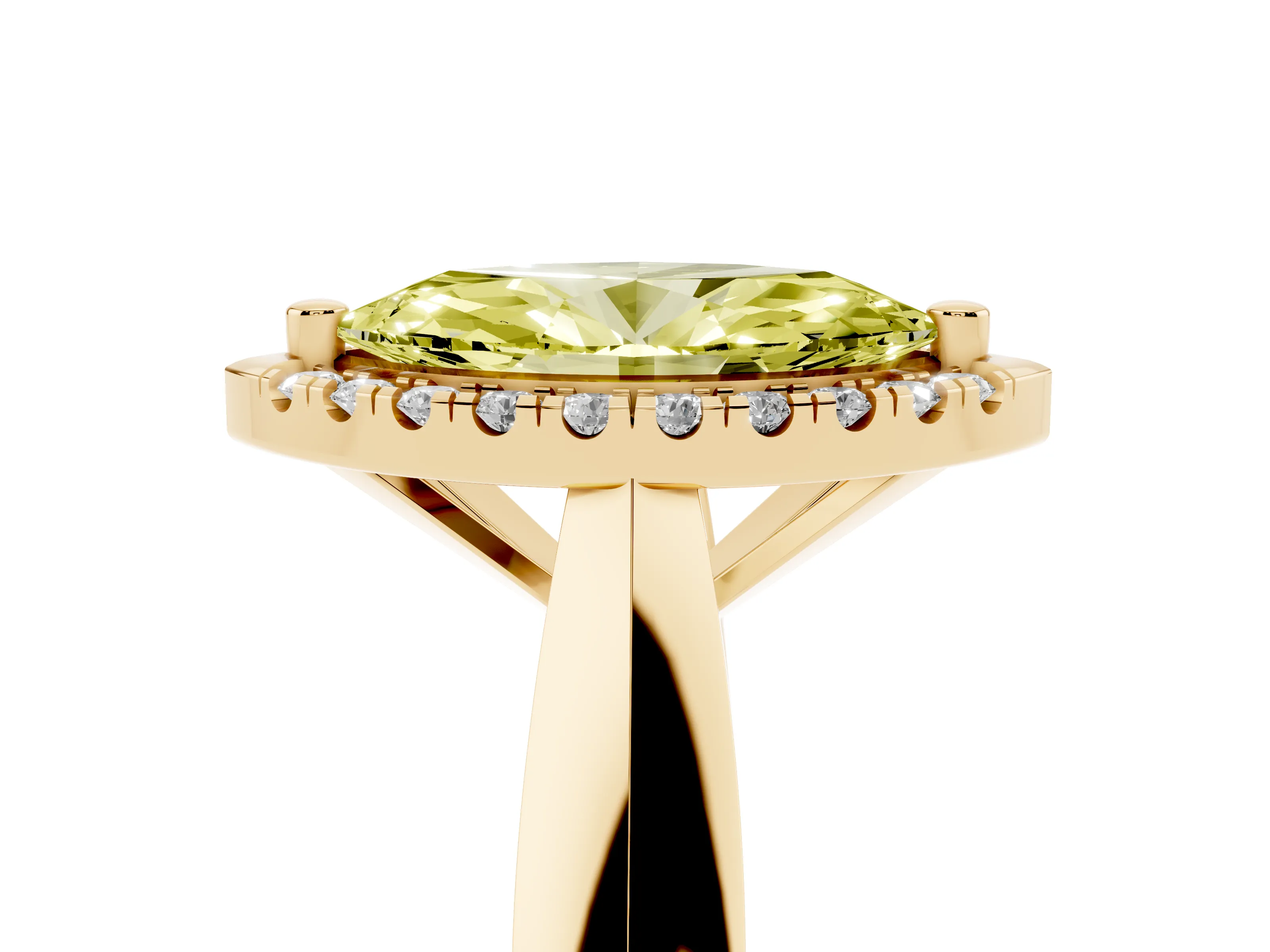 Fancy Yellow Marquise Cut Diamond Halo Solitaire Engagement Ring Set in Yellow gold with Square Band and Prong Setting
