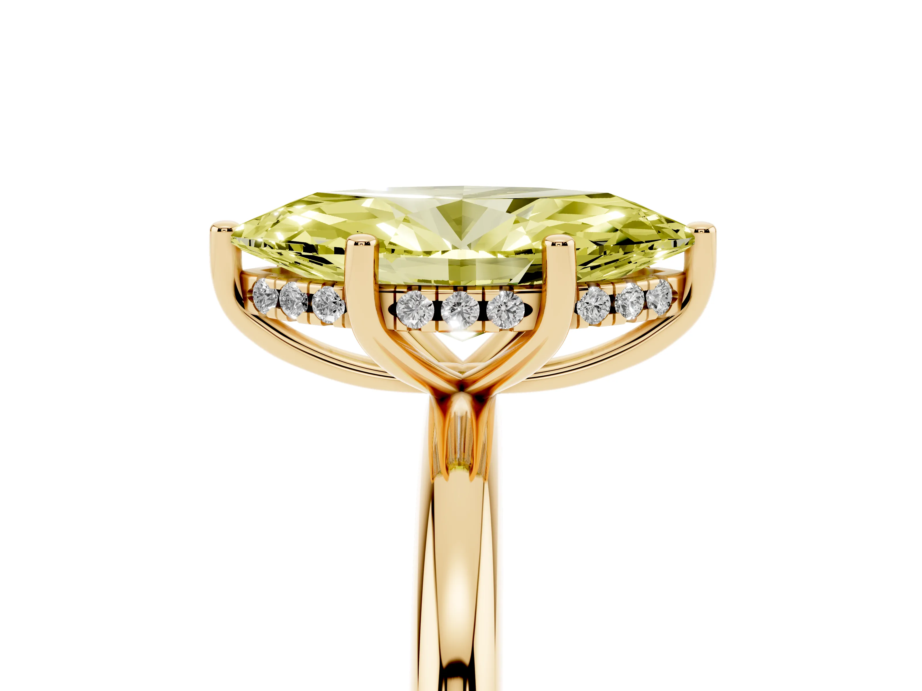 Fancy Yellow Marquise Cut Diamond Solitaire Engagement Ring Set in Yellow gold with Prong Setting and Polished Band