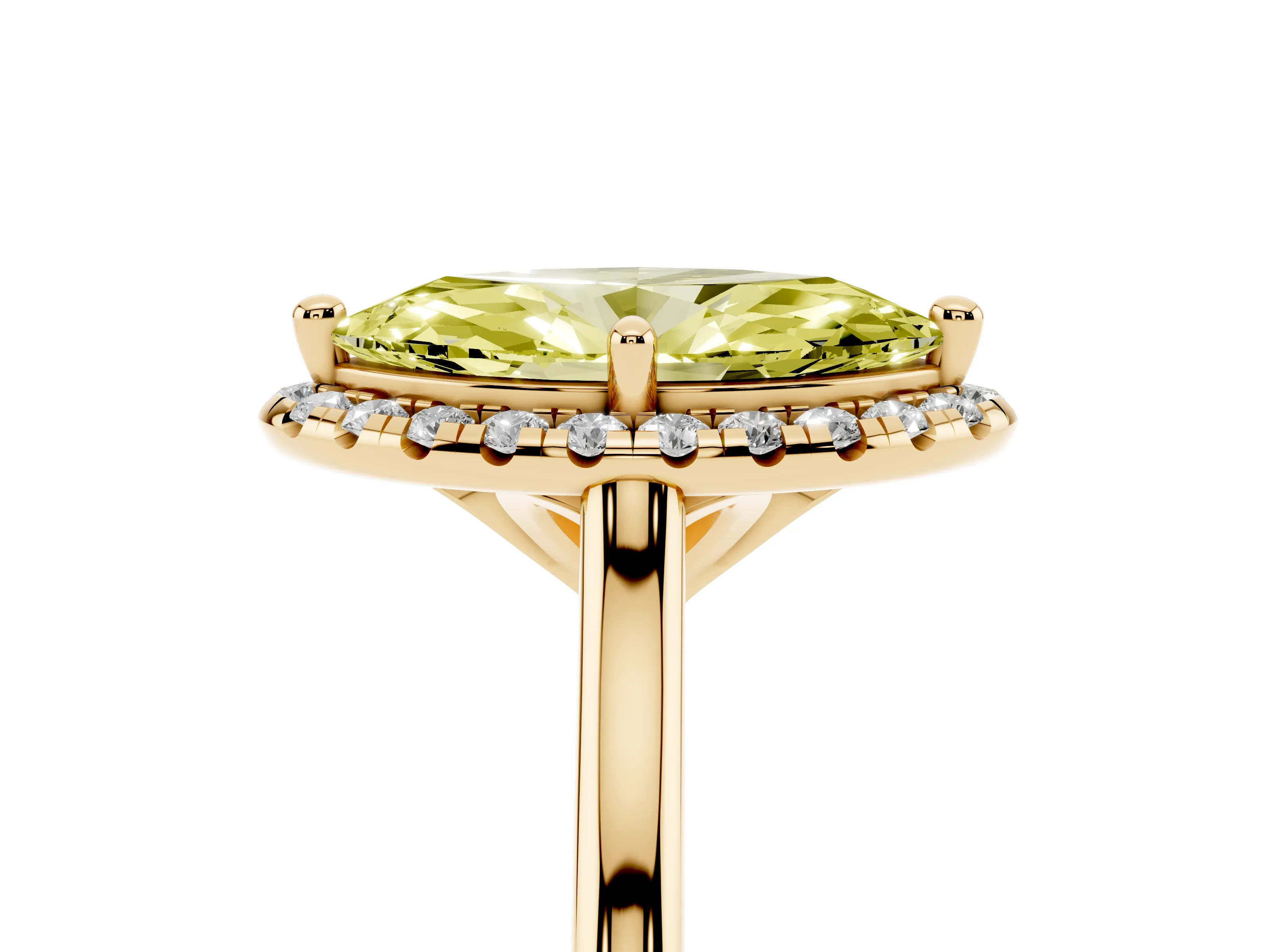 Fancy Yellow Marquise Cut Diamond Halo Engagement Ring Set in Yellow gold with Pavé Band and Rising Shoulders