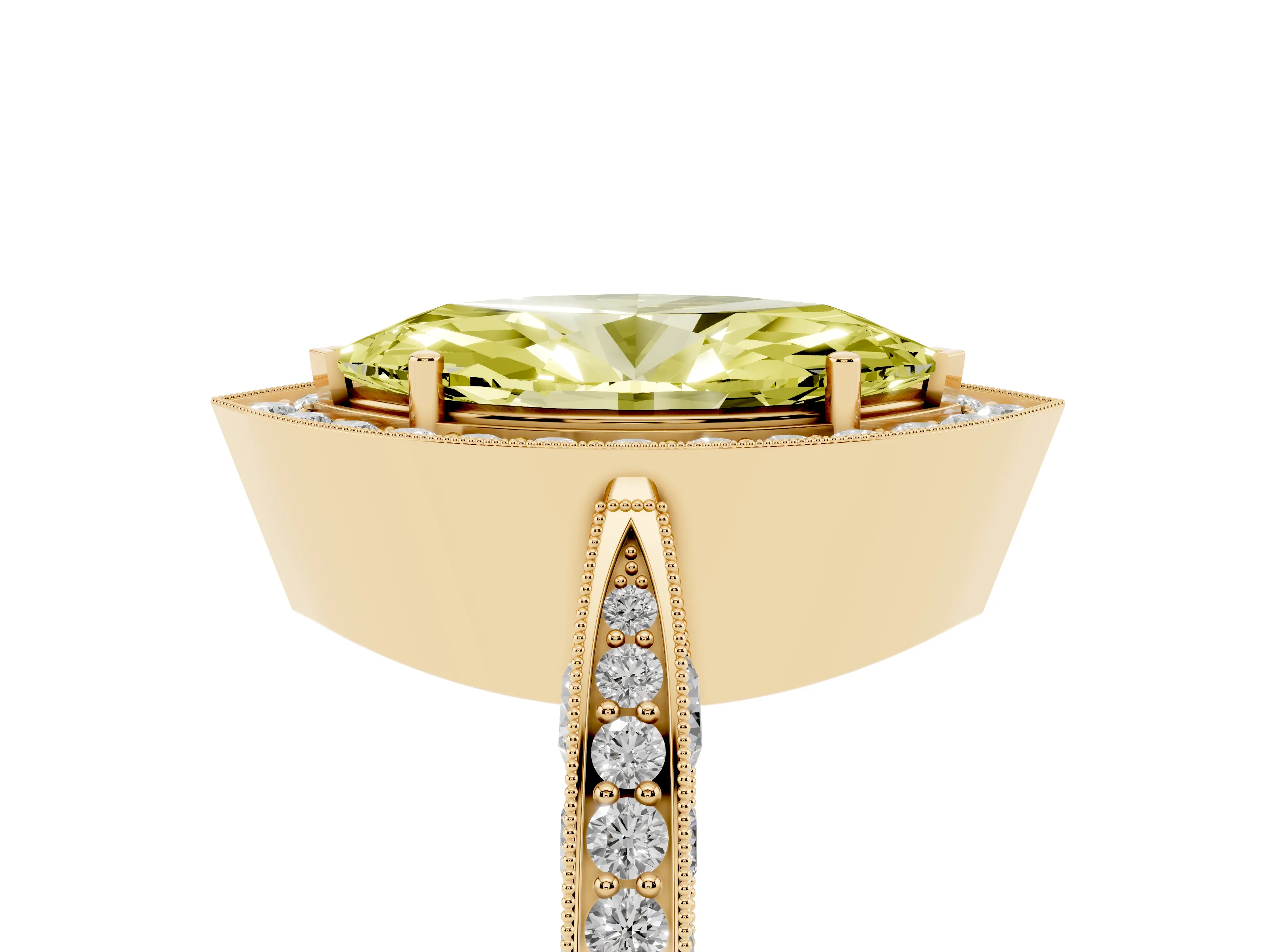 Fancy Yellow Marquise Cut Diamond Halo Engagement Ring Set in Yellow gold with Accent Split Shank Band