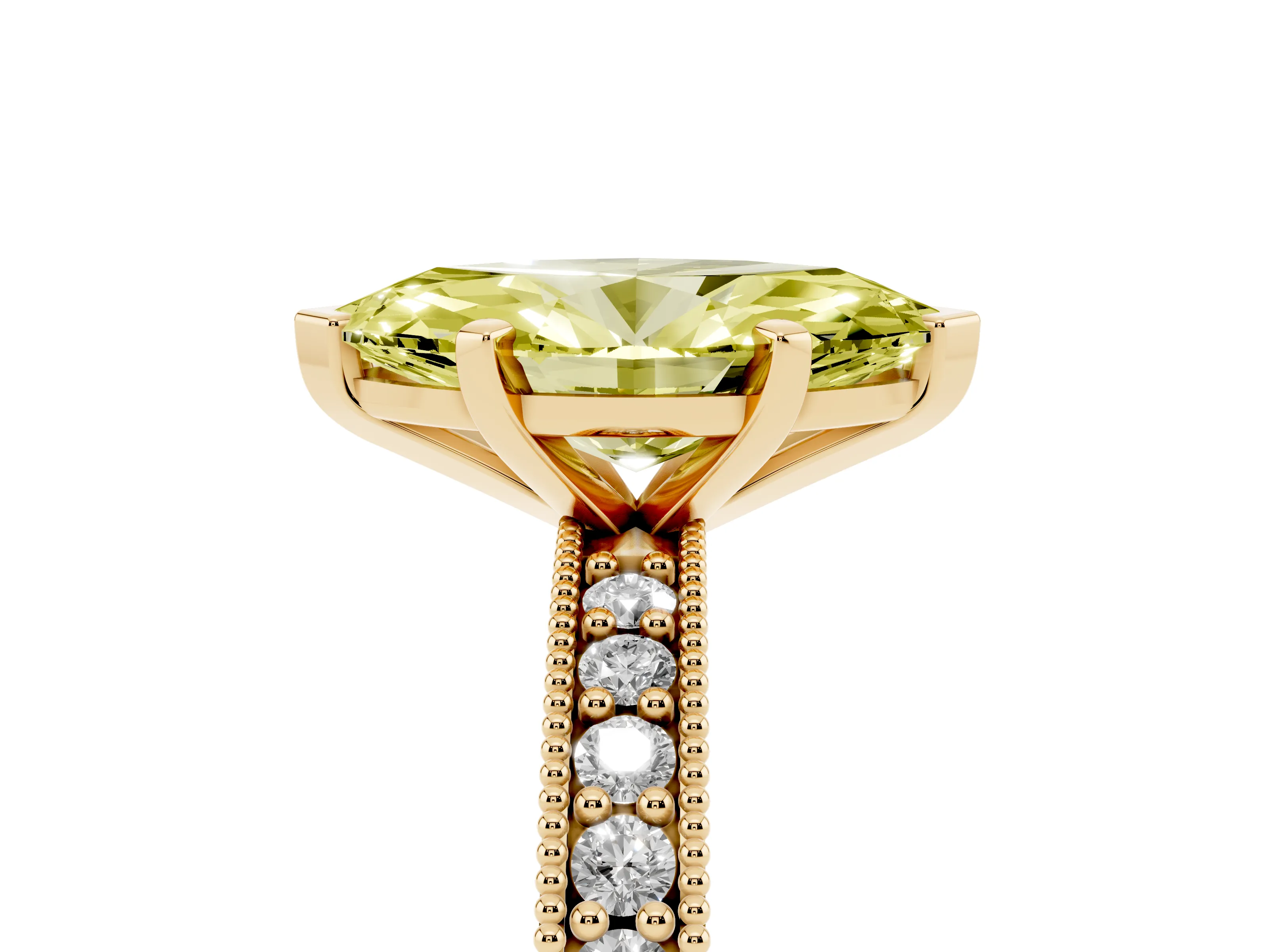 Fancy Yellow Marquise Cut Diamond Milgrain Pavé Engagement Ring Set in Yellow gold with Prong Setting