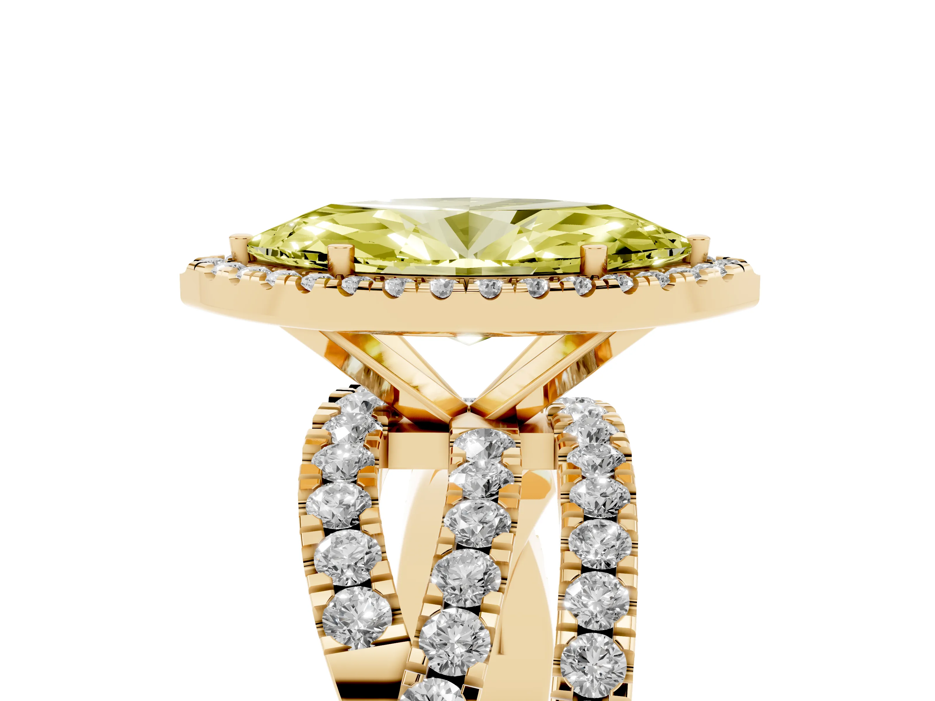 Fancy Yellow Marquise Cut Diamond Halo Ring Set in Yellow gold with Round Crossover Split Shank and Prong Setting