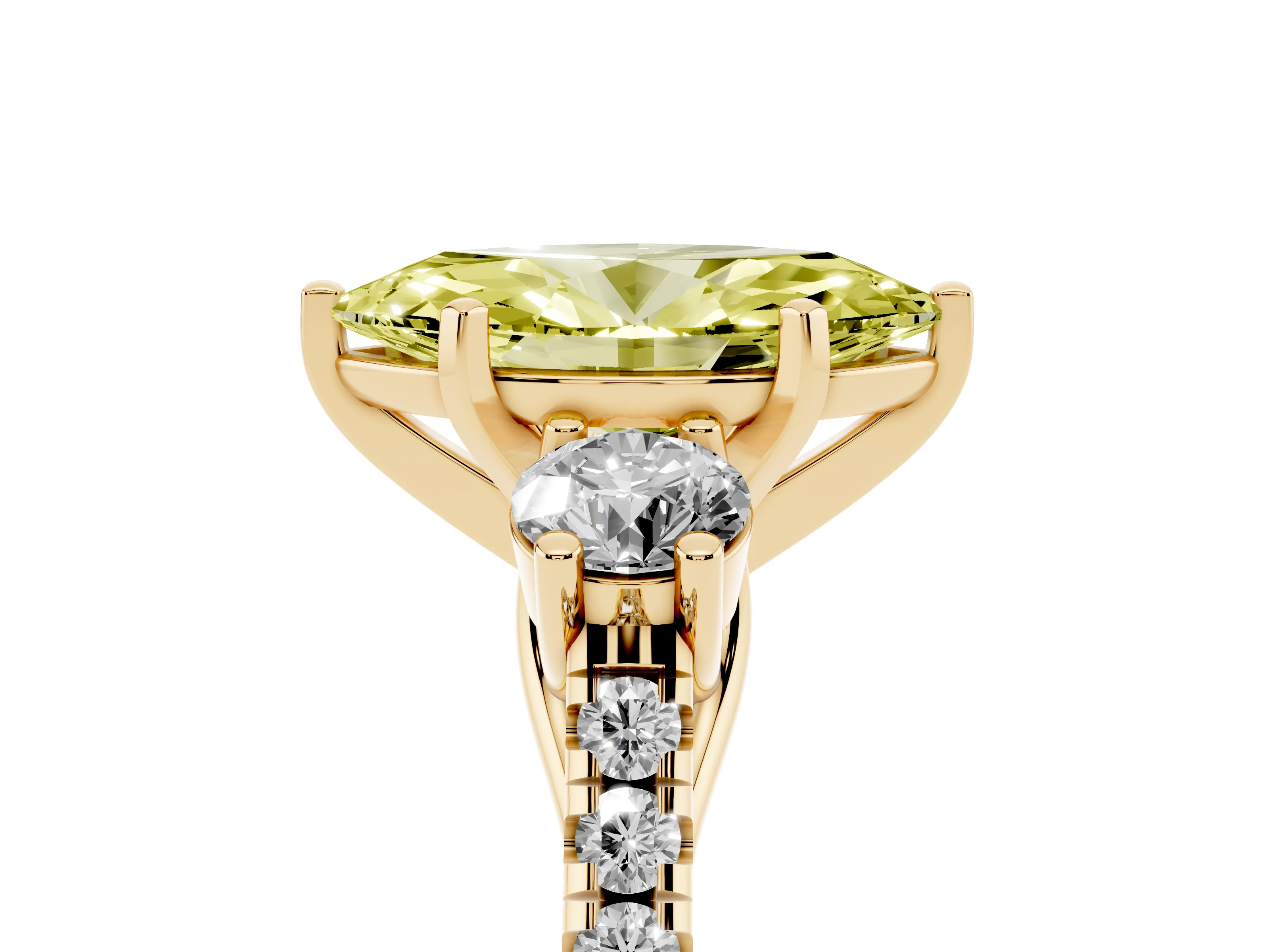 Fancy Yellow Three-Stone Marquise Cut Diamond Pavé Band Ring Set in Yellow gold with Prong-Set Trio
