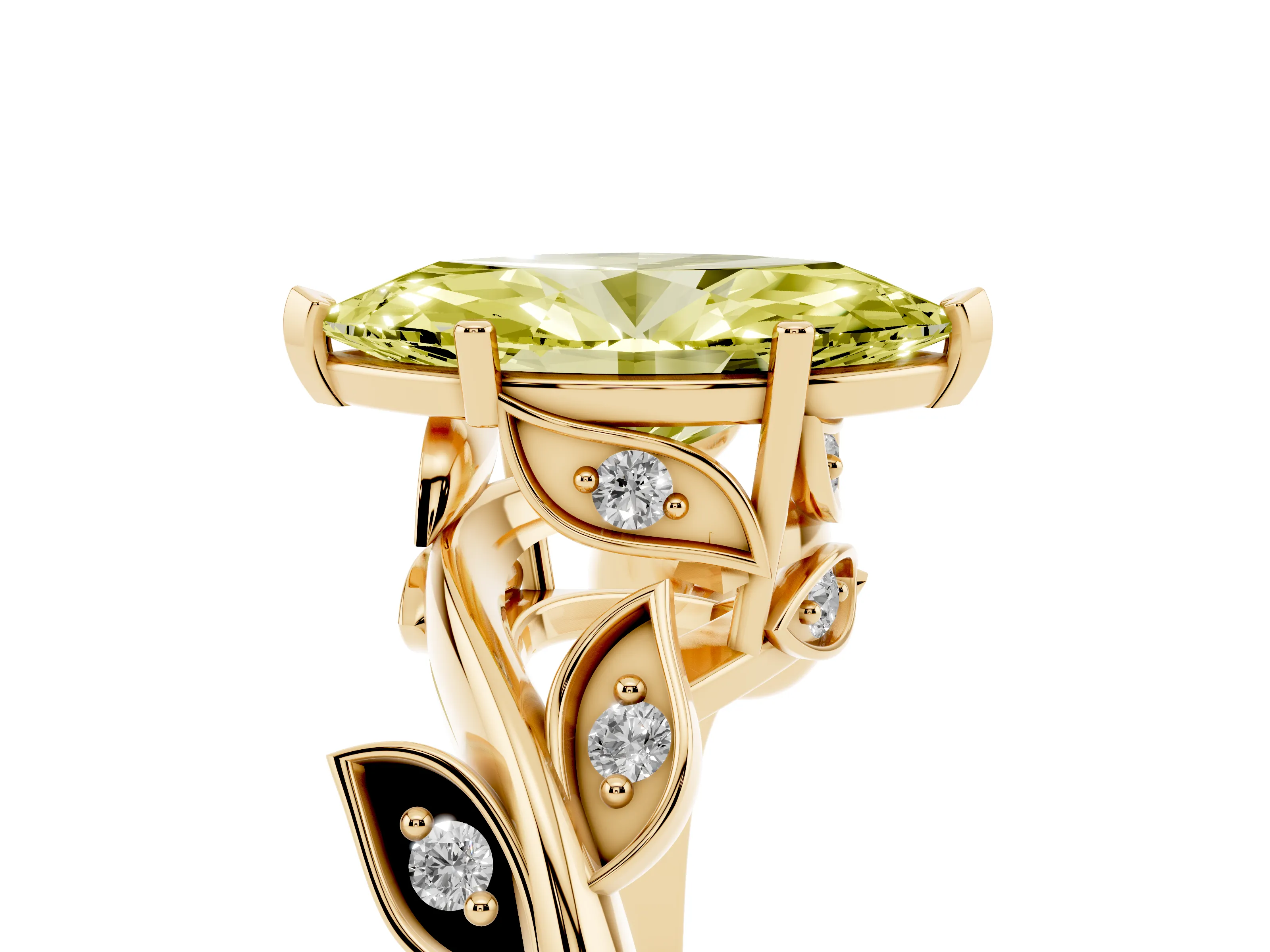 Fancy Yellow Marquise Cut Diamond Solitaire Twist Engagement Ring Set in Yellow gold with Pavé Leaf Accents