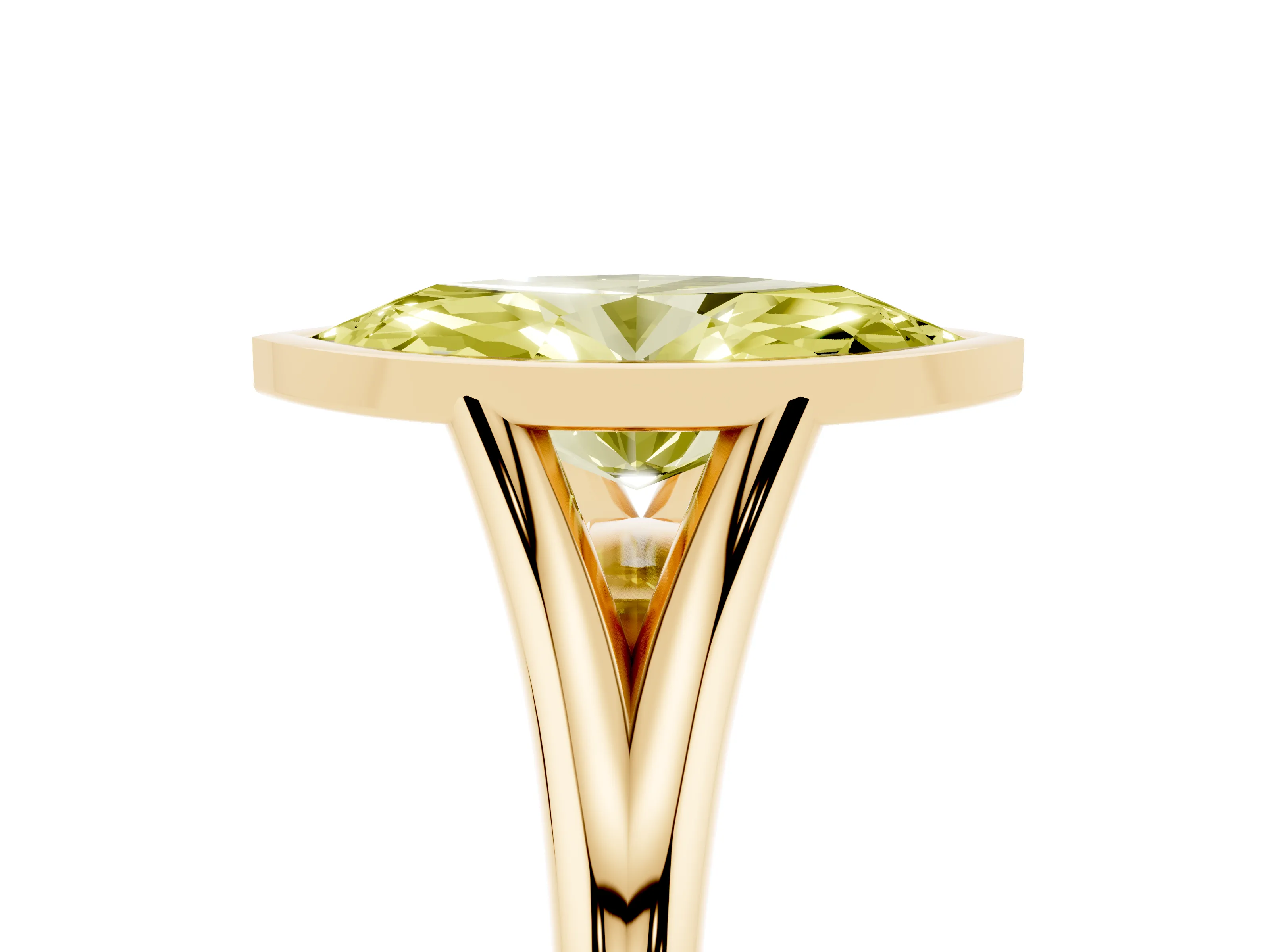 Fancy Yellow Bezel Set Marquise Cut Diamond Solitaire Ring Set in Yellow gold with Tapered Band
