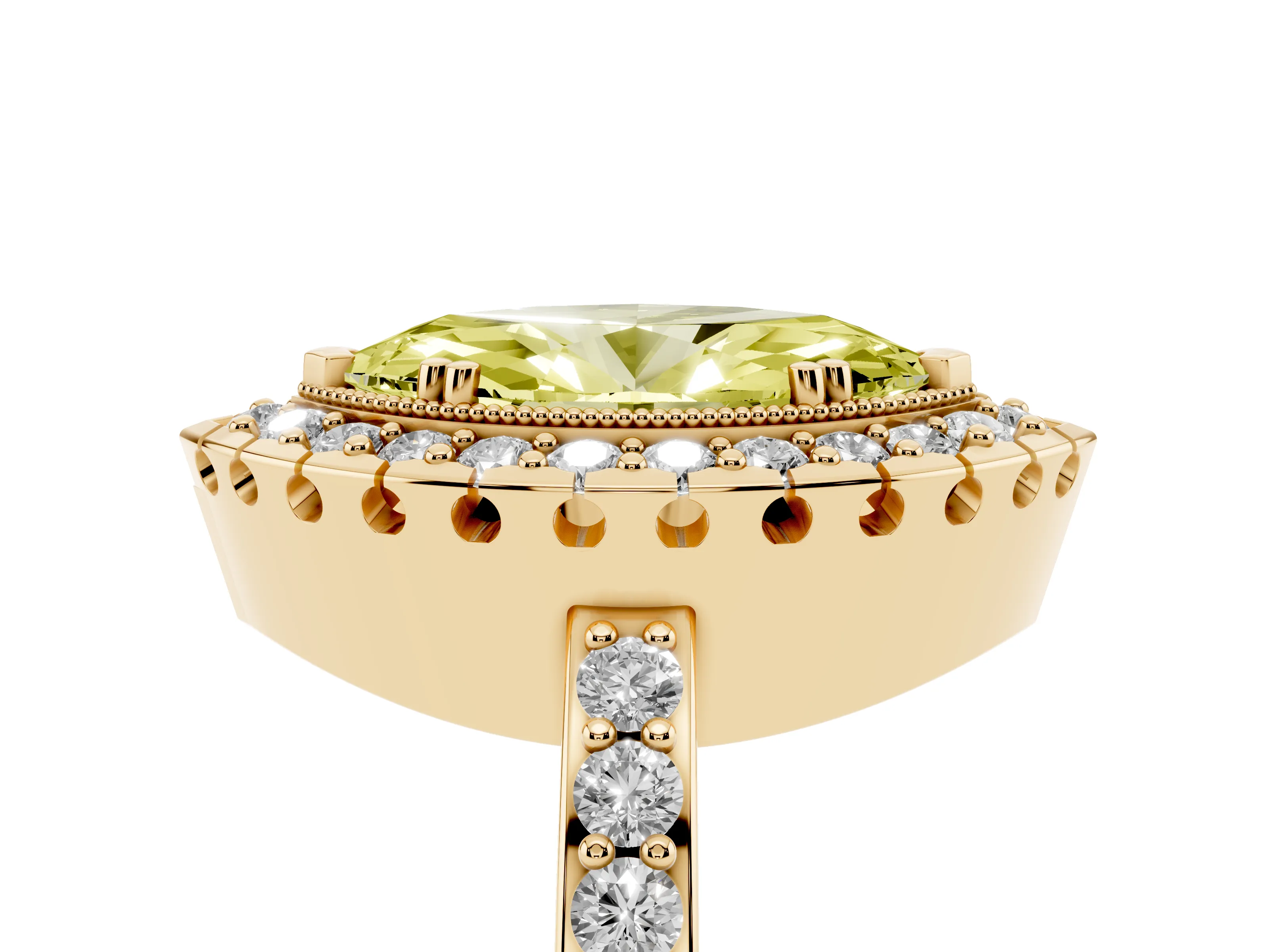 Fancy Yellow Marquise Cut Diamond Halo Ring Set in Yellow gold with Pavé Shank and Prong Setting