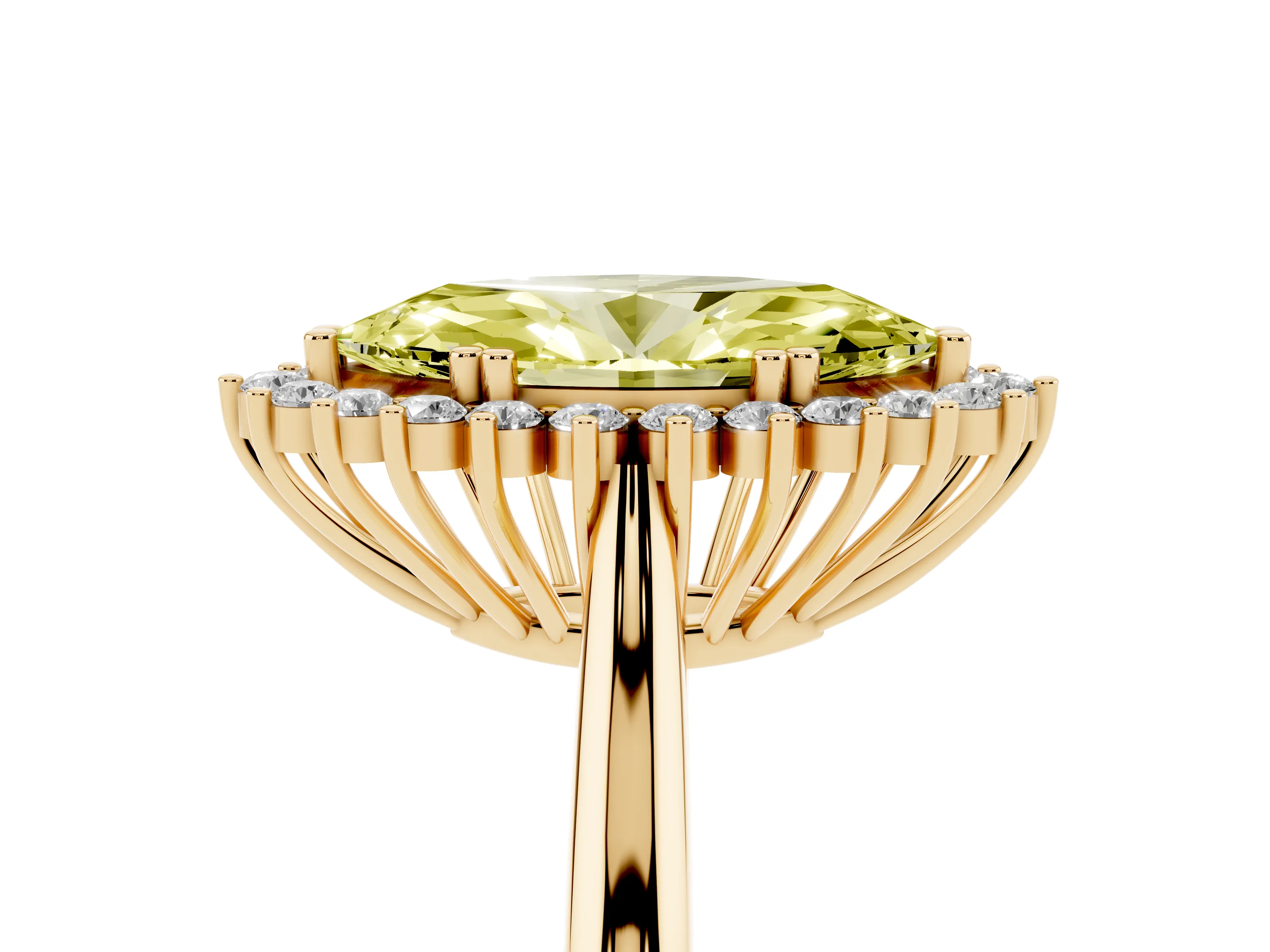 Fancy Yellow Marquise Cut Diamond Halo Ring Set in Yellow gold with Plain Solitaire Band and Prong Setting