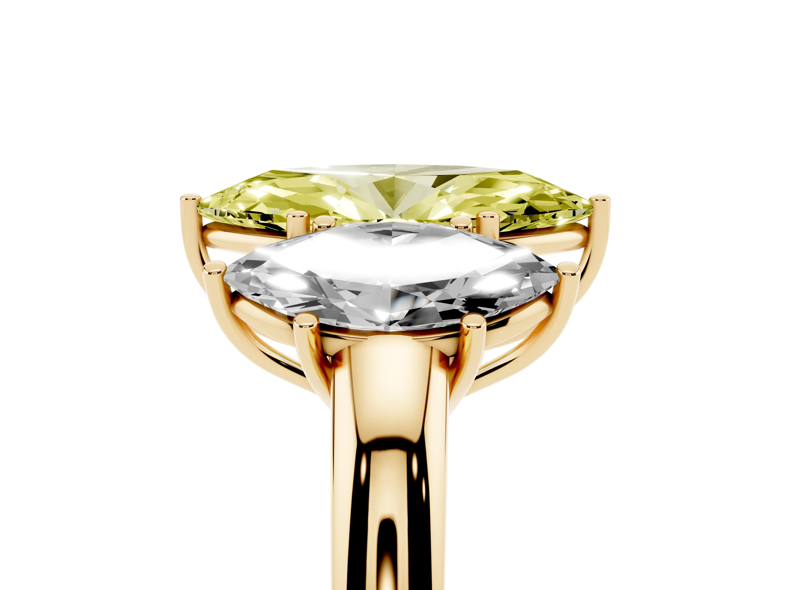 Fancy Yellow Marquise Cut Diamond Three-Stone Ring Set in Yellow gold with Bold Center and Classic Band