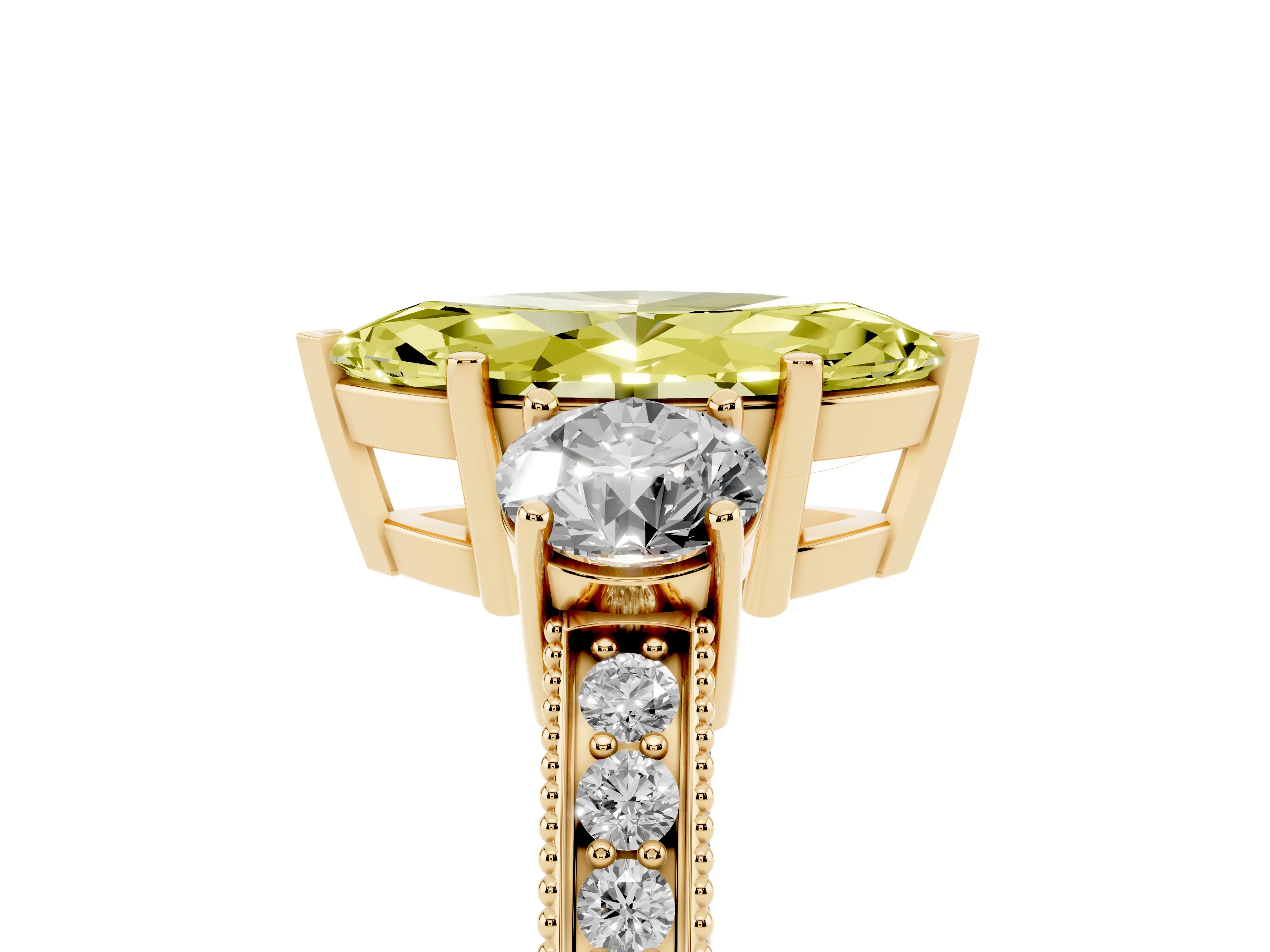 Fancy Yellow Marquise Cut Diamond Three-Stone Ring Set in Yellow gold with Round Side Stones and Pavé Band