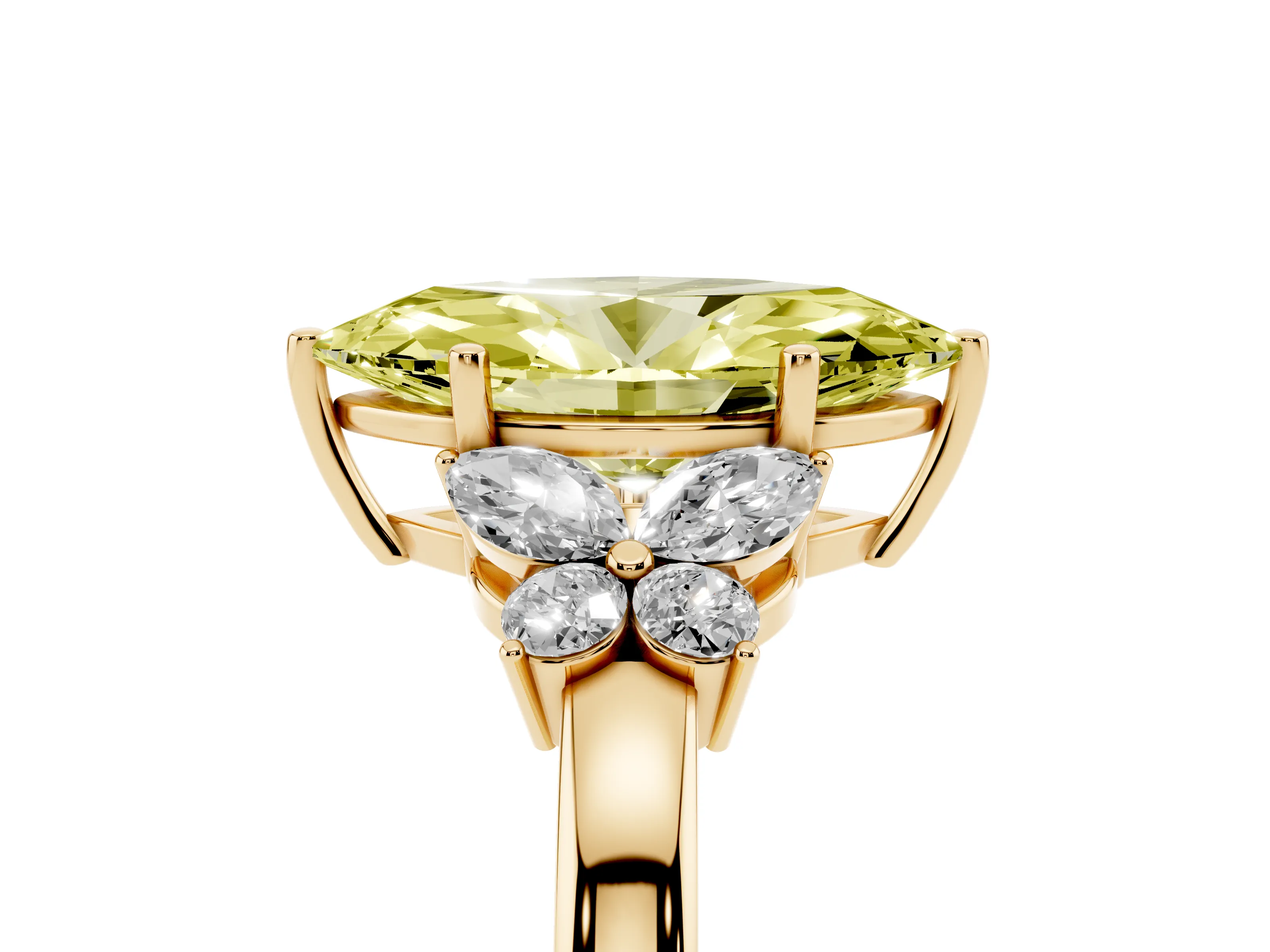 Fancy Yellow Marquise Cut Diamond Solitaire Floral Ring Set in Yellow gold with Marquise Petals and Prong Setting