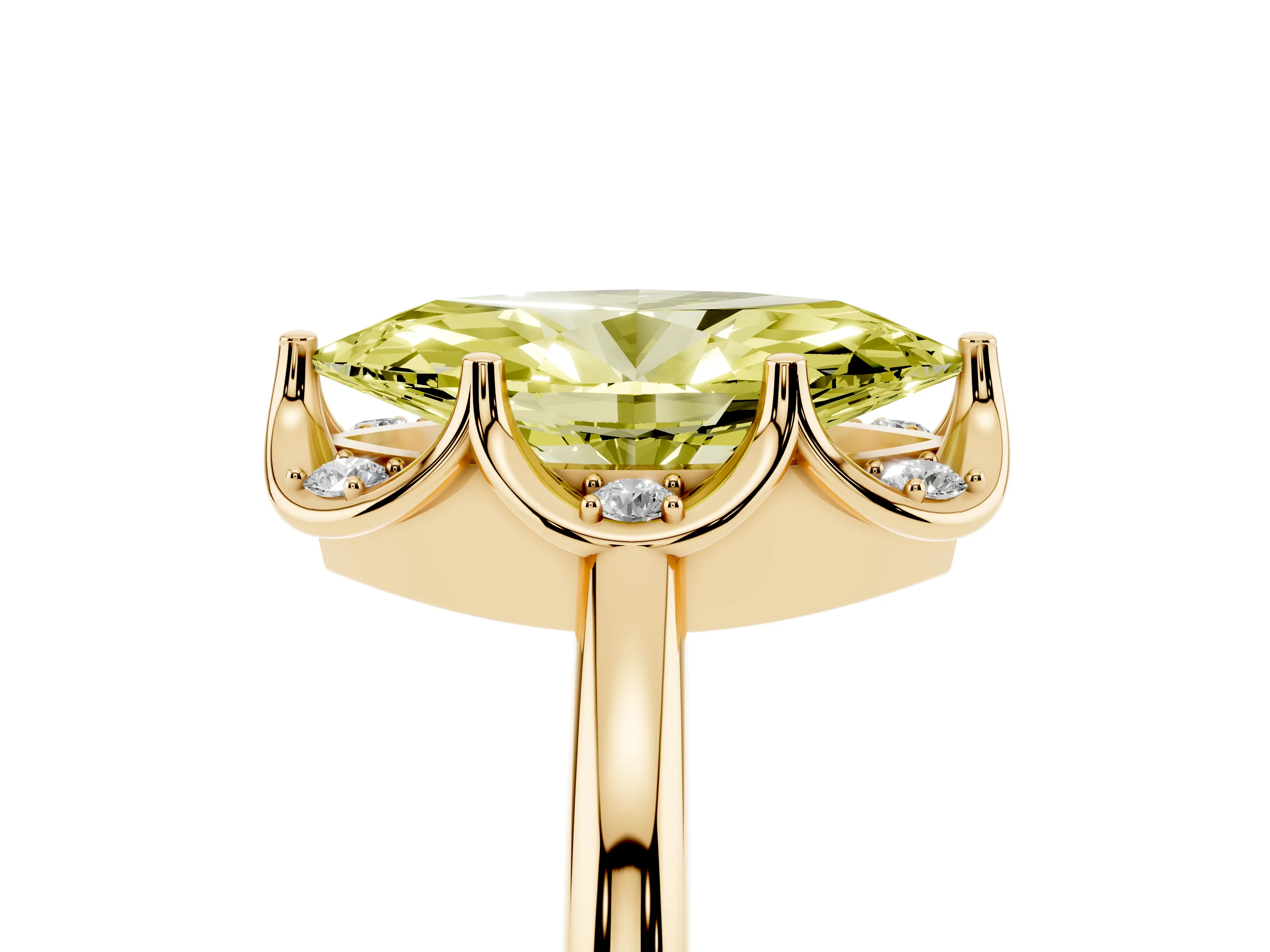 Fancy Yellow Marquise Cut Diamond Round Cluster Halo Ring Set in Yellow gold with Solitaire Band and Prong Setting