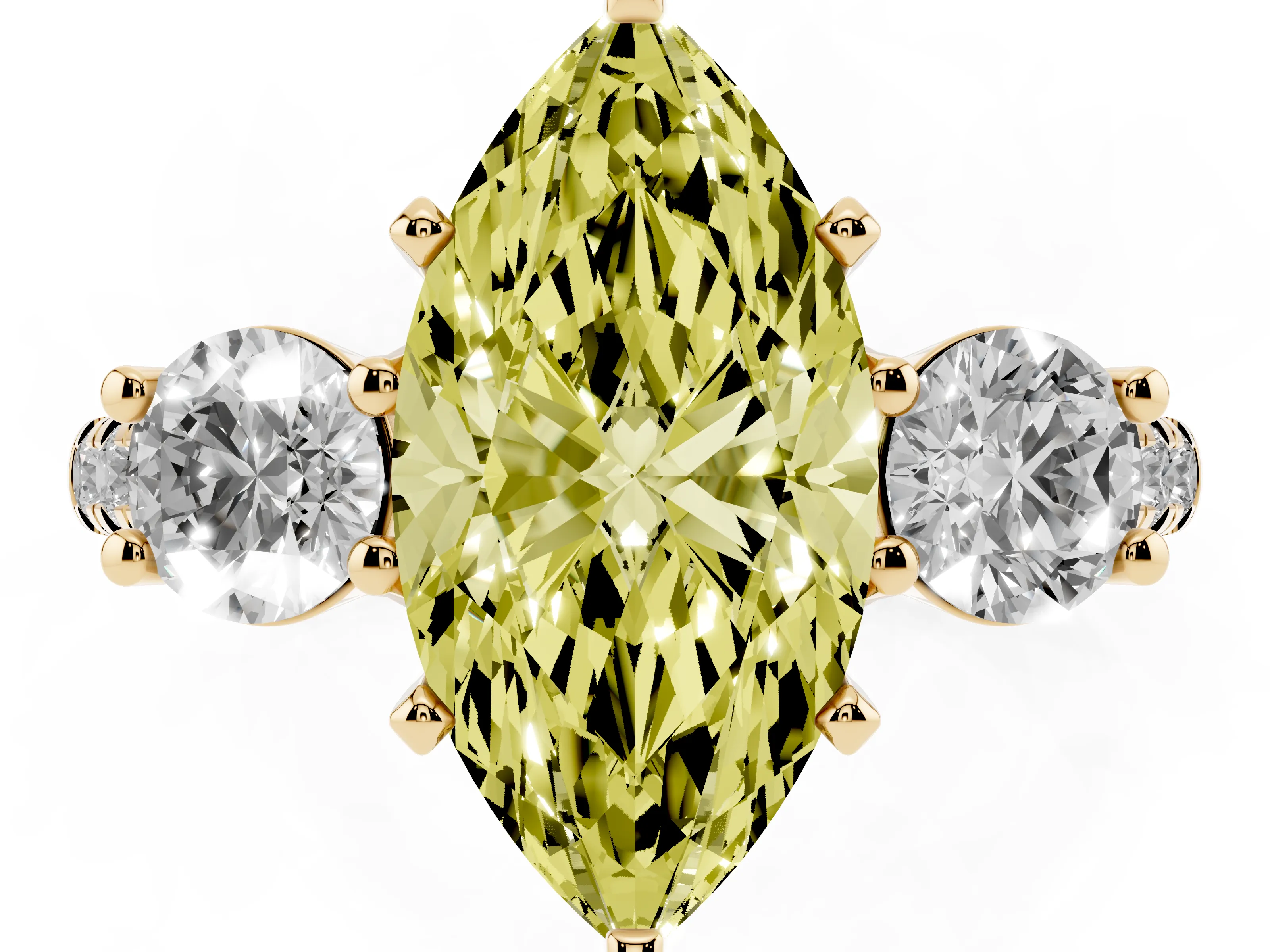 Fancy Yellow Three-Stone Marquise Cut Diamond Pavé Band Ring Set in Yellow gold with Prong-Set Trio